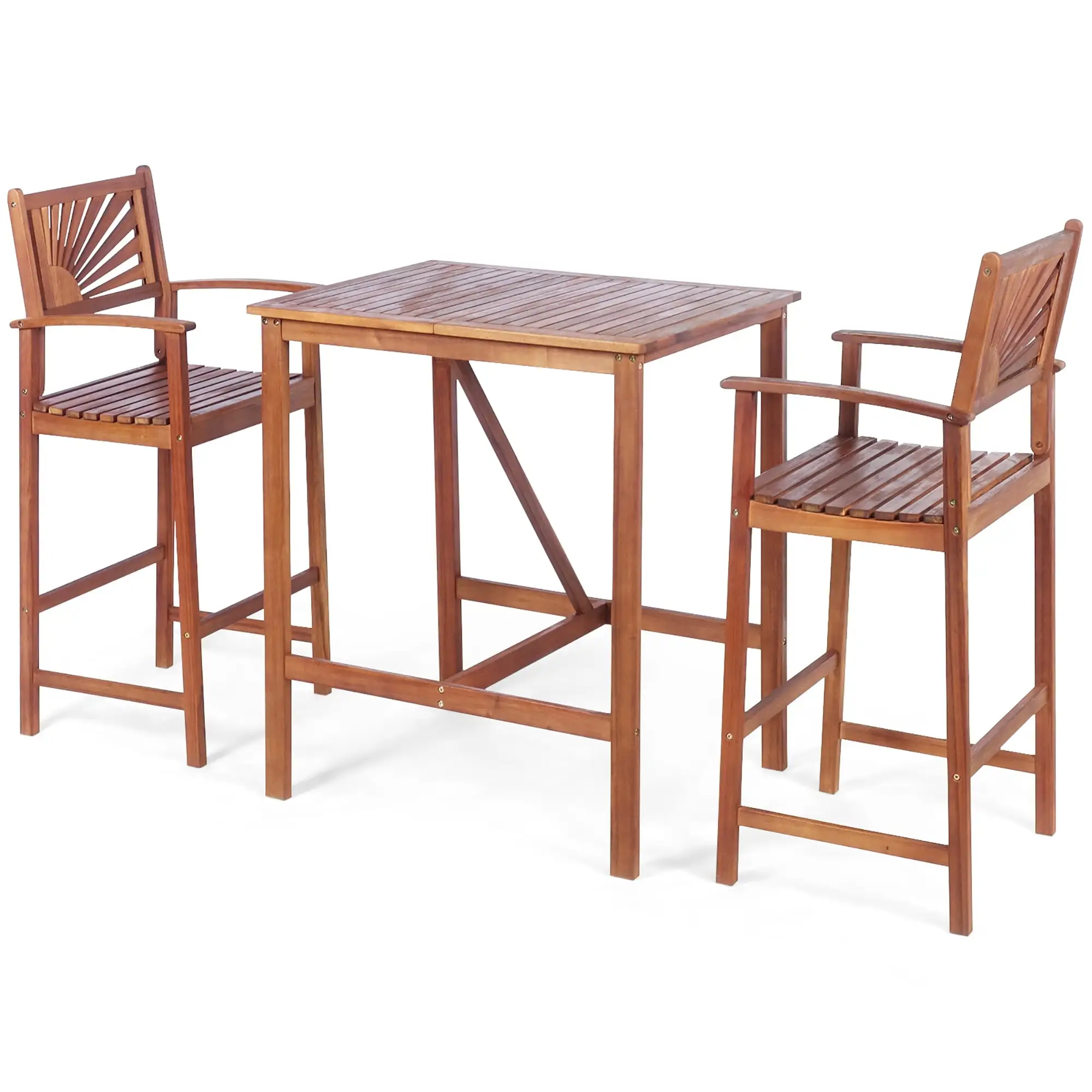 Costway 3PCS Bar Set Acacia Wood Bar Height Patio Bistro Dining Set Outdoor