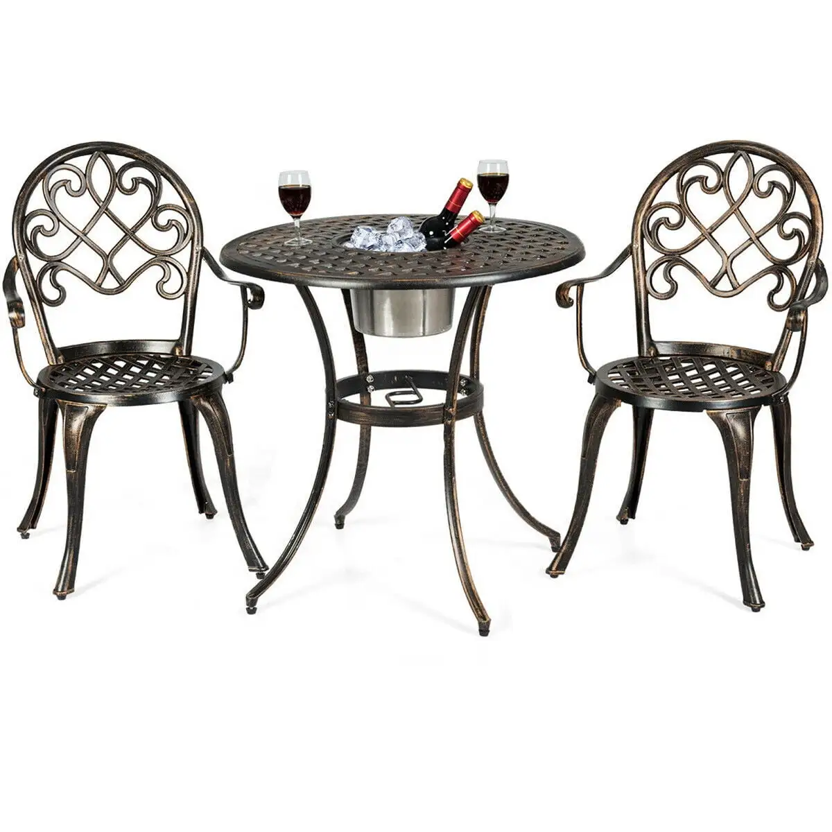 Costway 3PCS Patio Dining Set Aluminum Bistro Attached Removable Ice Bucket