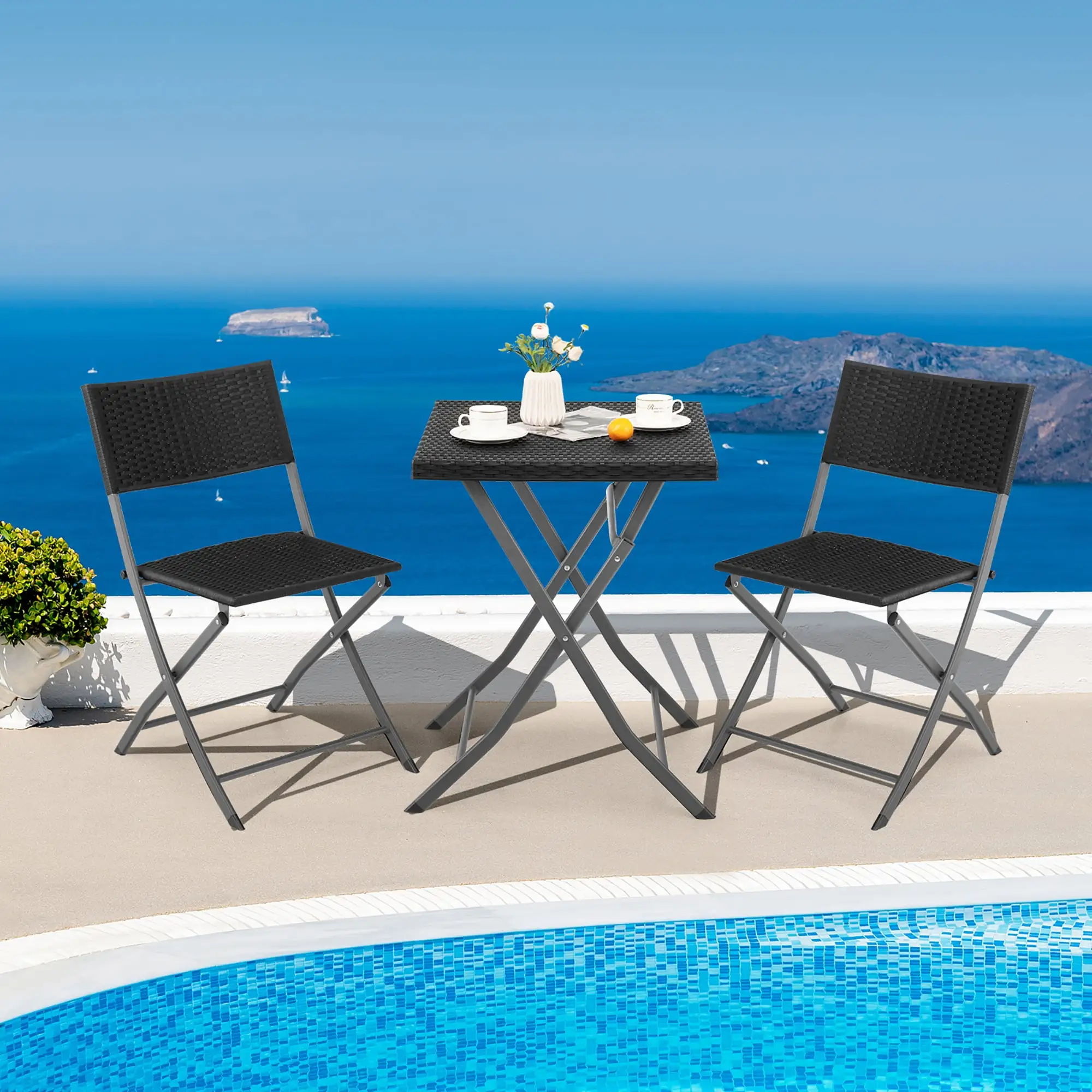 Costway 3PCS?Patio Folding Rattan Bistro Set Chairs Backrest Table Garden Deck Black