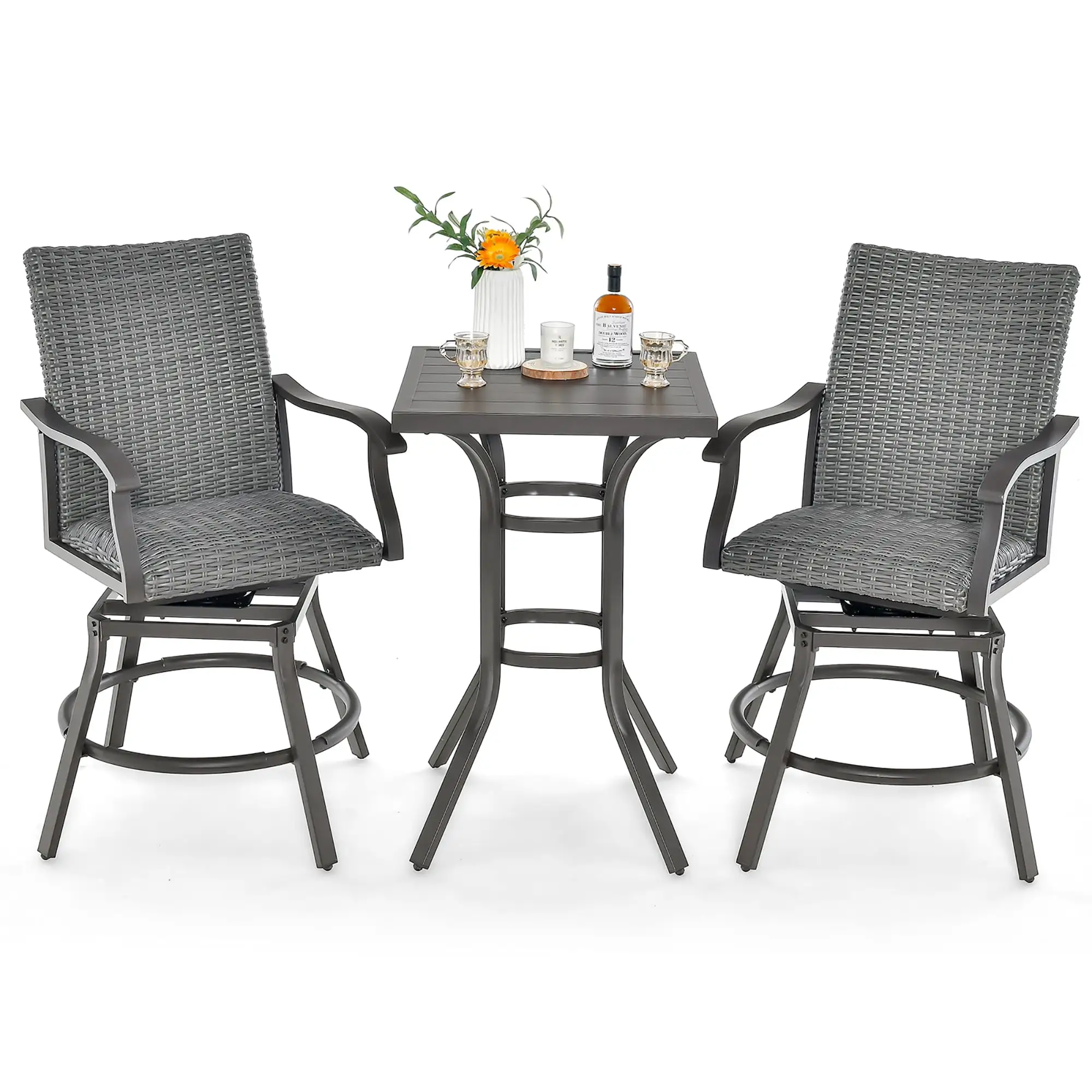 Costway 3PCS Patio Rattan Bar Table Stools Set Aluminum 360?? Swivel Chairs with Padded Seat