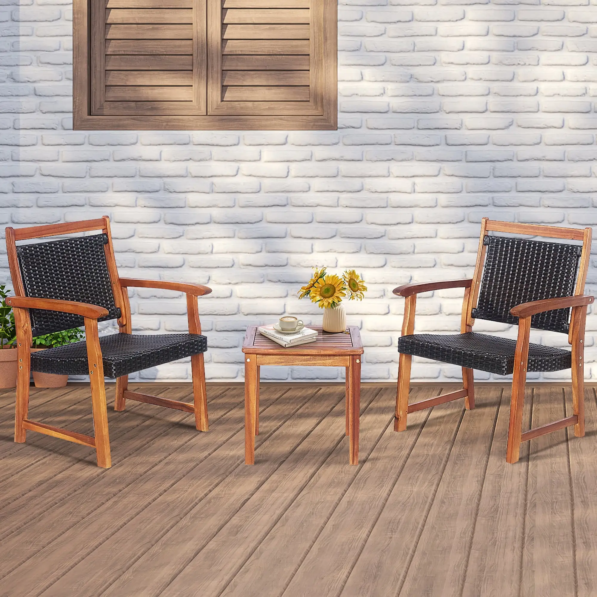 Costway 3PCS Patio Rattan Bistro Set Acacia Wood Frame Armrest Chairs Garden