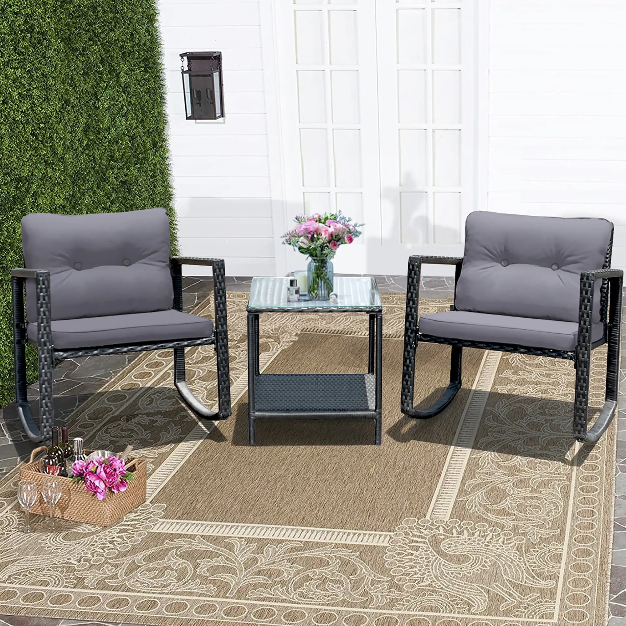 Costway 3PCS Patio Rattan Furniture Set Rocking Chairs Cushioned Sofa Gray