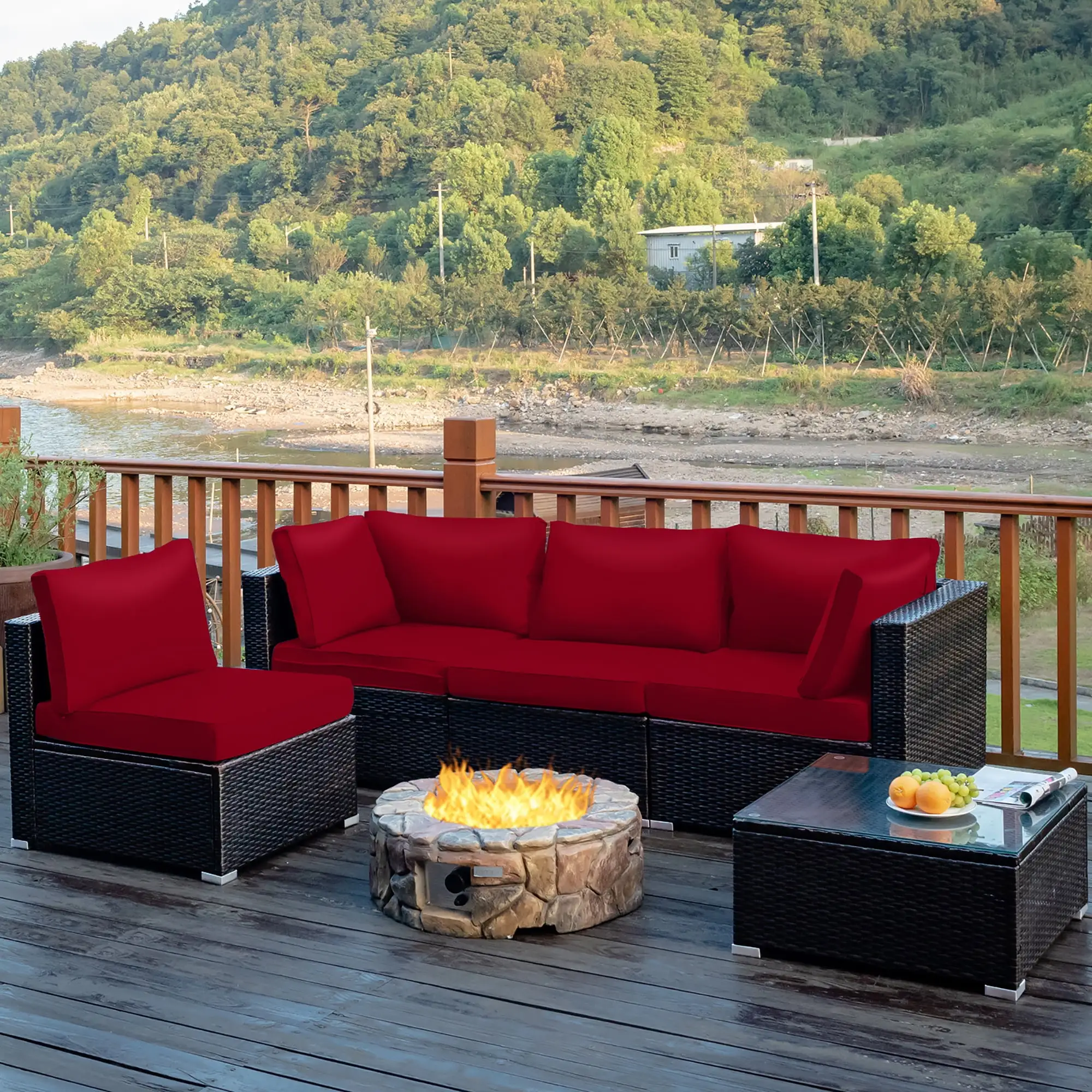 Costway 5PCS Patio Rattan Furniture Set Cushioned Sofa Chair Coffee Table Red