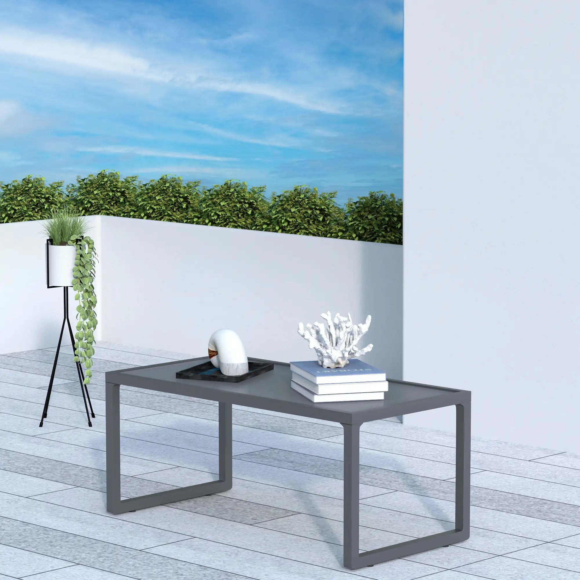 CozyHom Aluminum Outdoor Patio Coffee Table. All-Weather Patio Furniture Rectangle Coffee Table Dinner Set With Tempered Glass Rust Proof. Gray