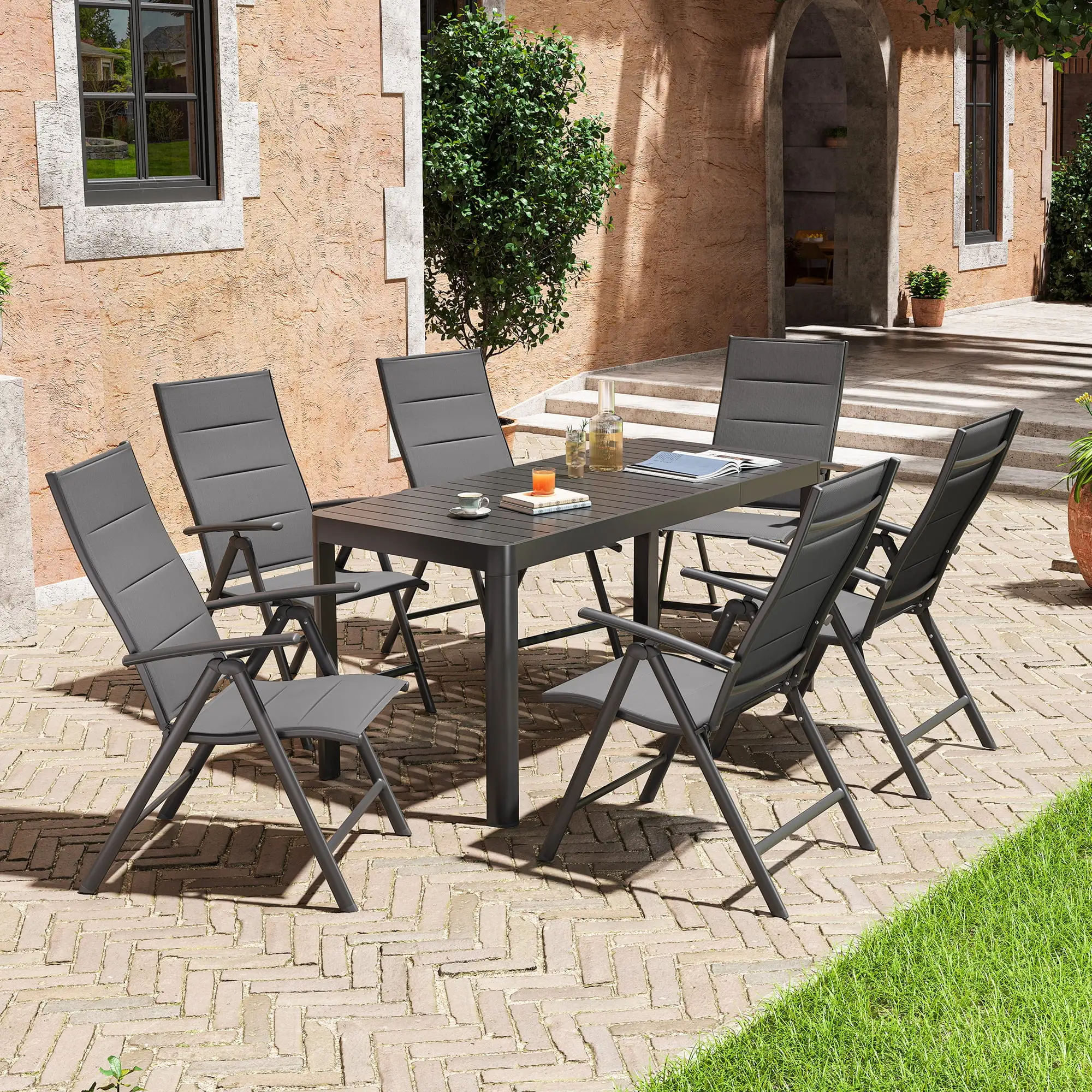 Crestlive Products 7 Pcs Patio Dining Set Aluminum Expandable Table and Chairs Set for 6-8 People Black