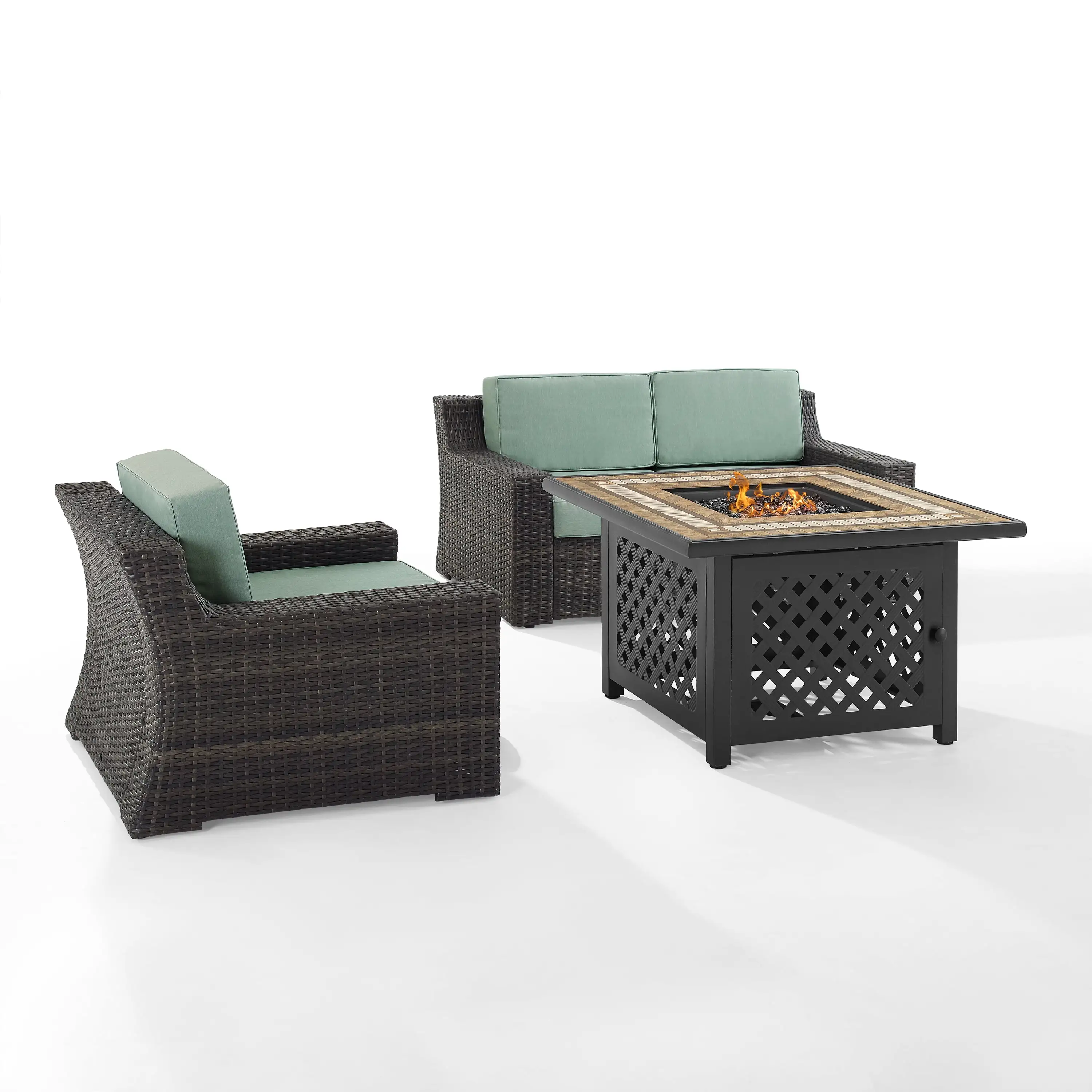 Crosley Beaufort 3 Piece Outdoor Wicker Conversation Set with Fire Table in Mist