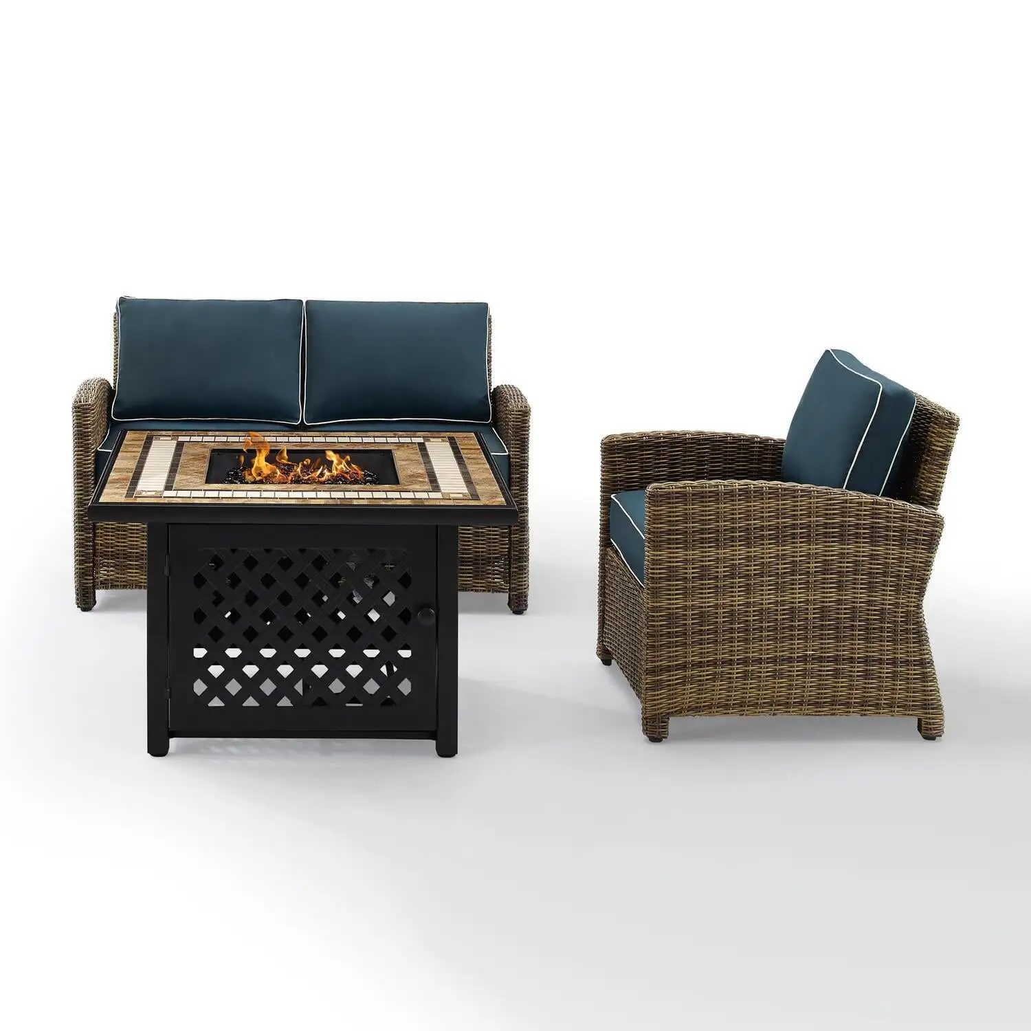 Crosley Furniture Bradenton 3 Piece Metal Patio Fire Pit Sofa Set in Brown/Navy