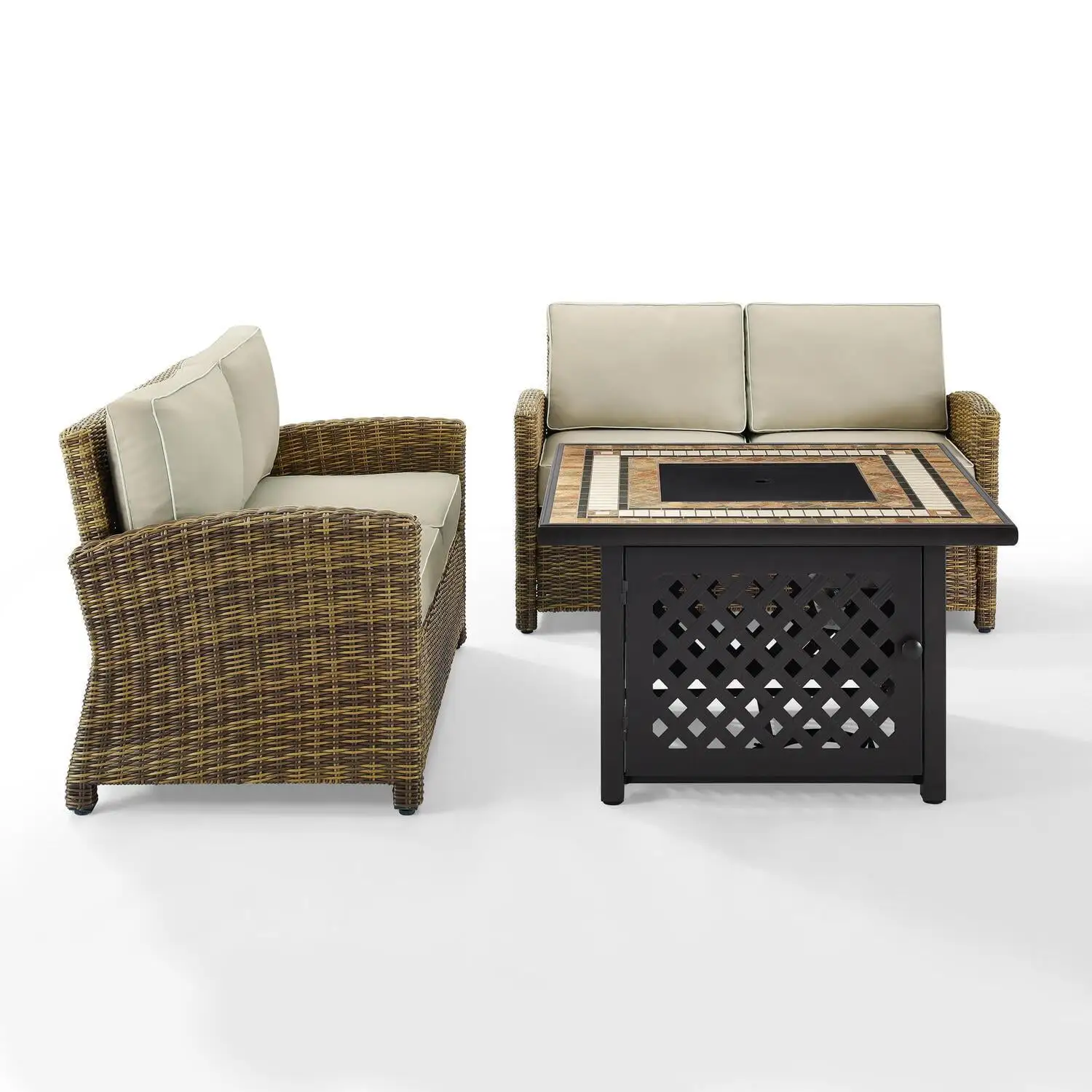 Crosley Furniture Bradenton 3Pc Metal Patio Fire Pit Sofa Set in Brown and Sand