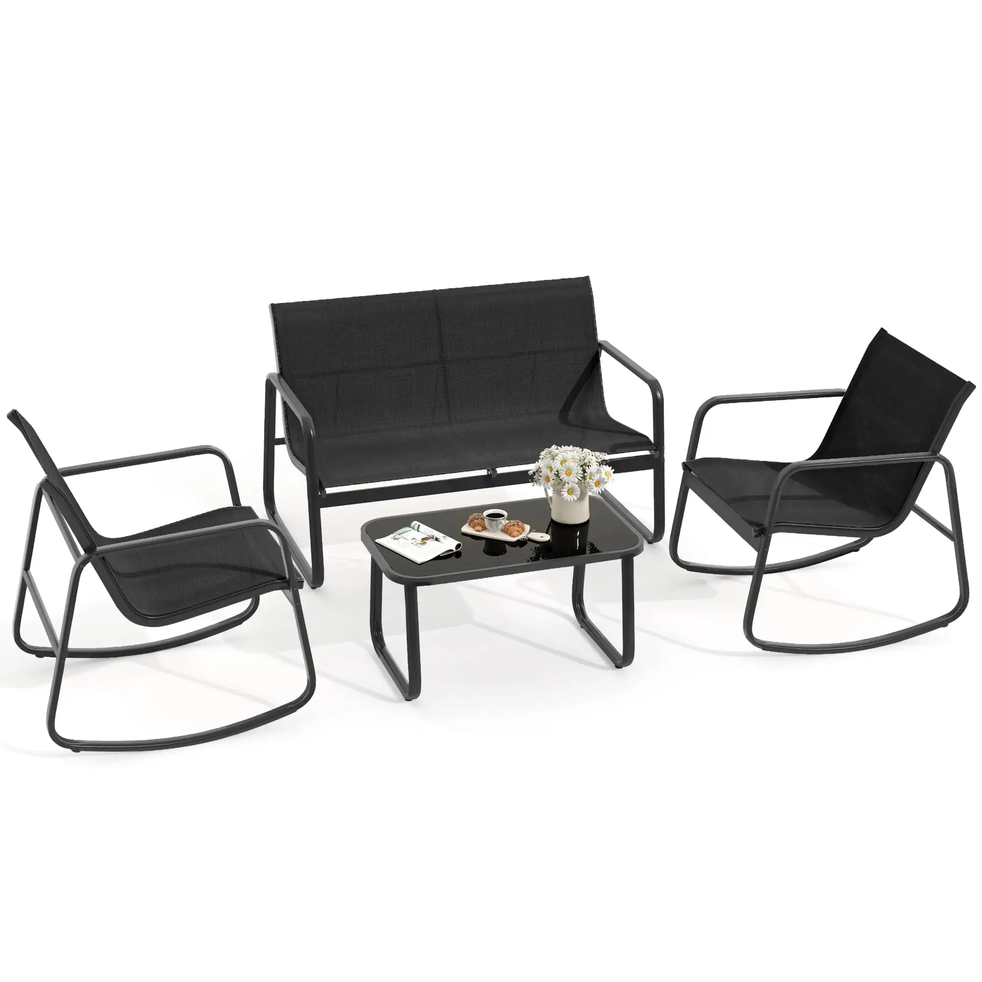 DWVO 4-Piece Outdoor Patio Bistro Furniture Set. Rocking Chair Set - 2 Rocking Chairs. Loveseat chair with Glass Coffee Table - Black