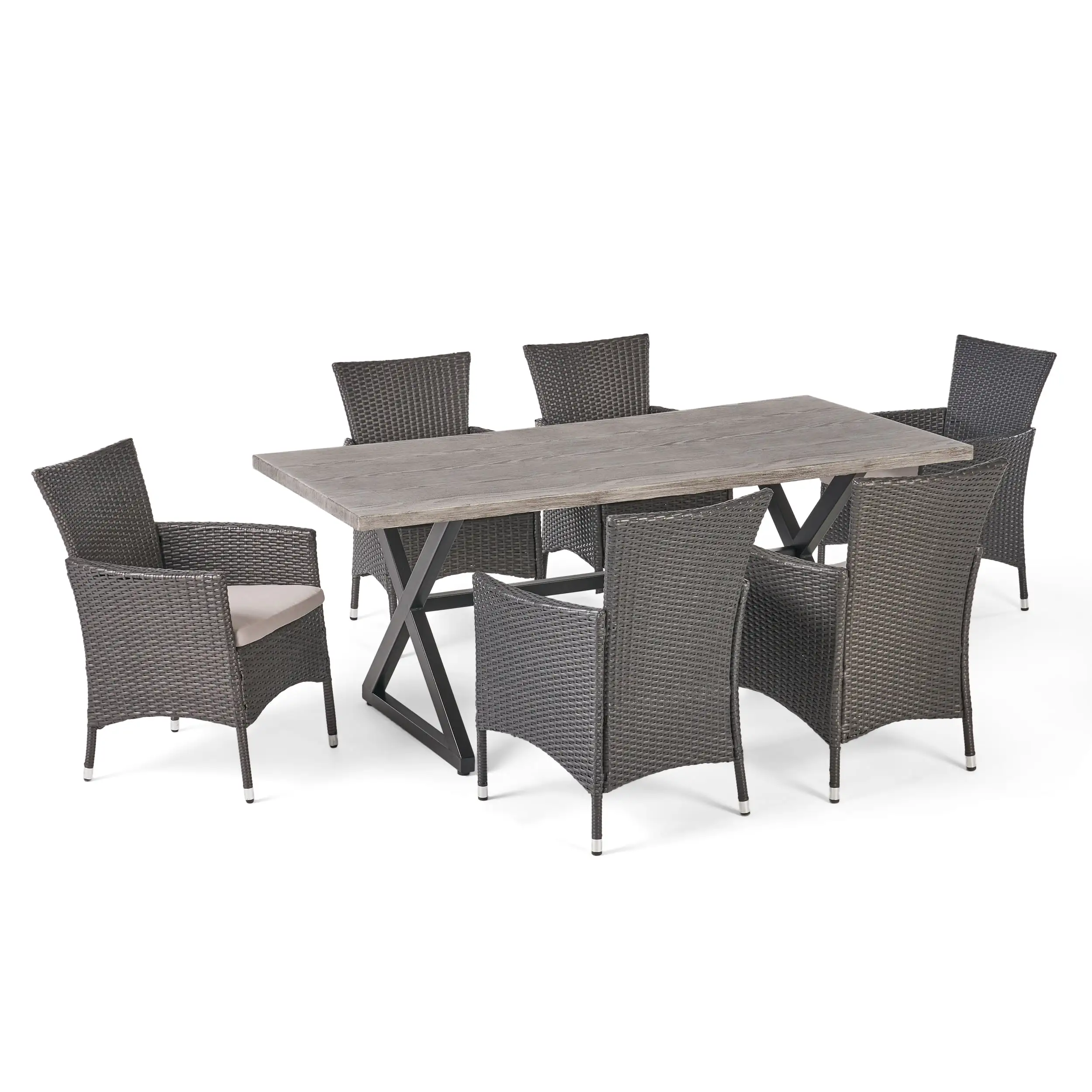 Damian Outdoor 7 Piece Aluminum Dining Set with Wicker Dining Chairs with Cushions.Silver.Grey