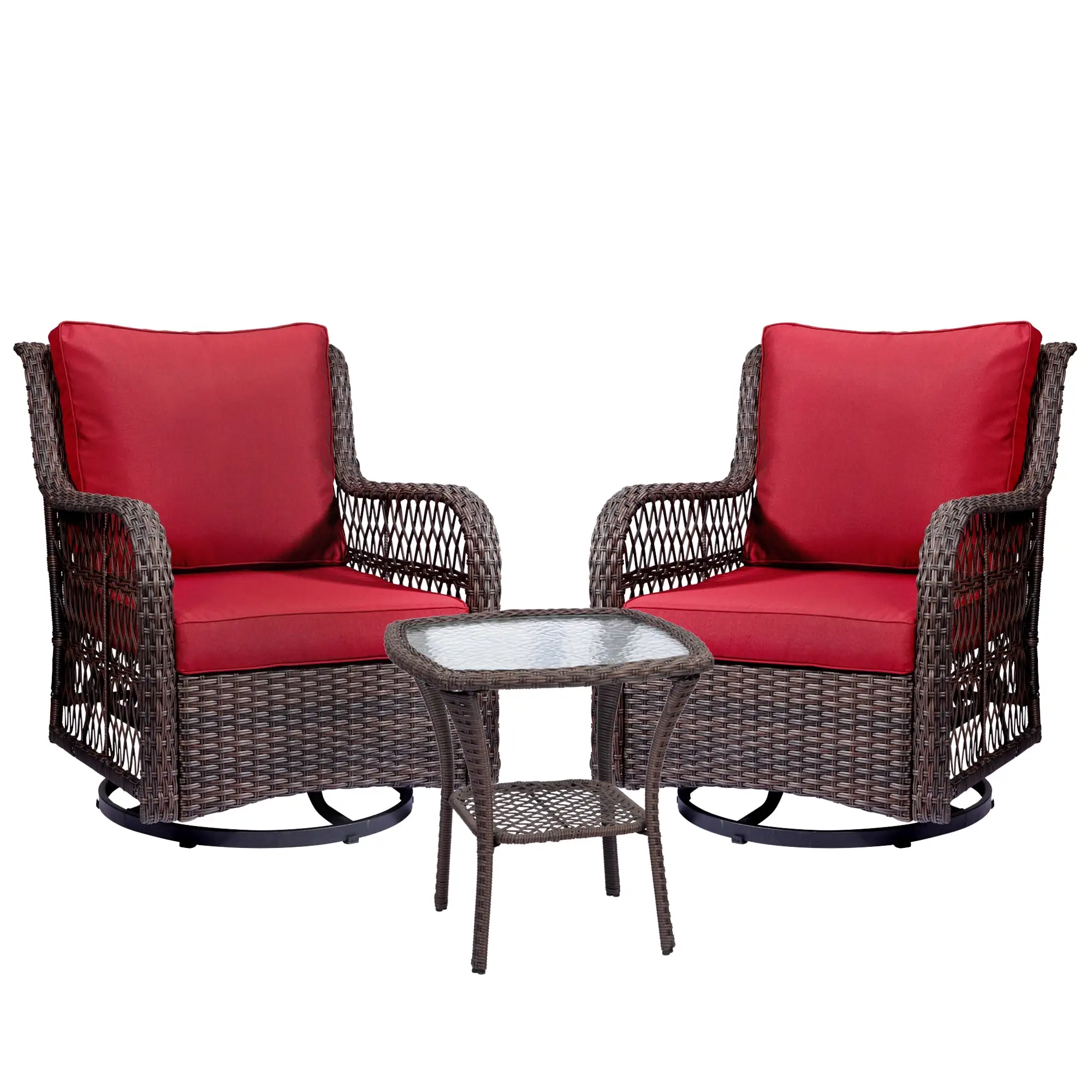Danolapsi Wicker Rocking Chair 360 Degree Swivel Chairs Outdoor Patio Bistro Furniture Set With Premium Red Seat Cushion Glass Top Side Table . Space Saving .For Patio.Garden.3 Piece