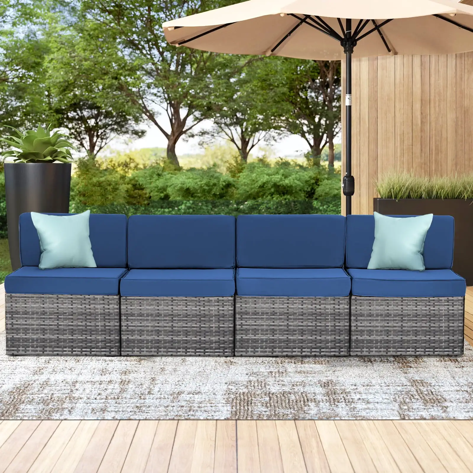 Danrelax 4 Piece Outdoor Patio Furniture Set. Outdoor Sectional Conversation Furniture Chair.Patio Sectional for Garden.Backyard(Navy Cushions and Grey PE Rattan)