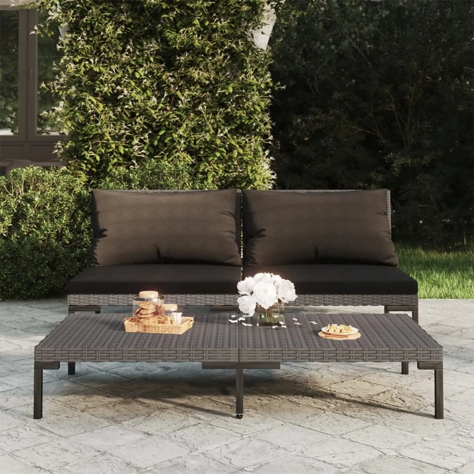 Dcenta 2 Piece Patio Sofas with Cushions Half Round Poly Rattan Dark Gray Sectional Sofa Set for Garden. Lawn. Courtyard. Balcony