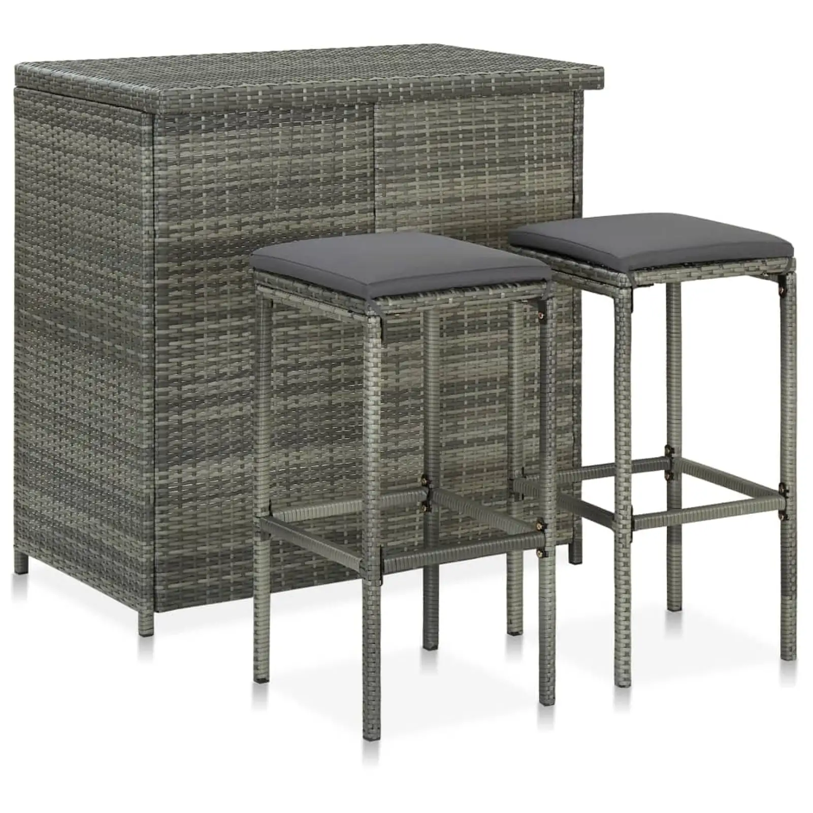 Dcenta 3 Piece Bar Set Counter Height Table and 2 Stool Chairs with Seat Cushion Dining Set Gray Poly Rattan Bistro Set for Bar. Pub. Garden. Backyard. Patio. Indoor Furniture