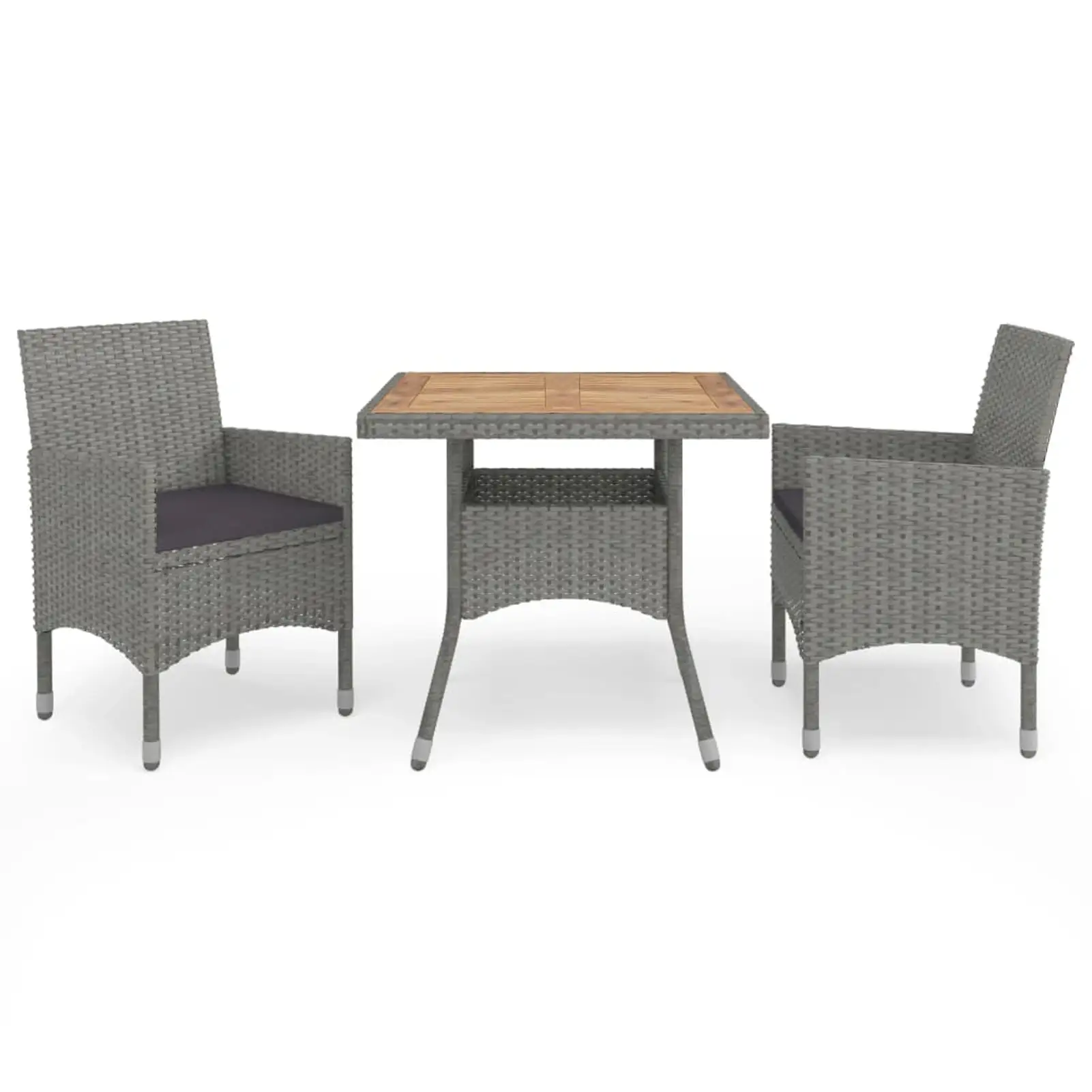 Dcenta 3 Piece Patio Dining Set Acacia Wood Tabletop Garden Table and 2 Chair with Cushion Gray Poly Rattan Bistro Set for Garden. Backyard. Balcony. Furniture