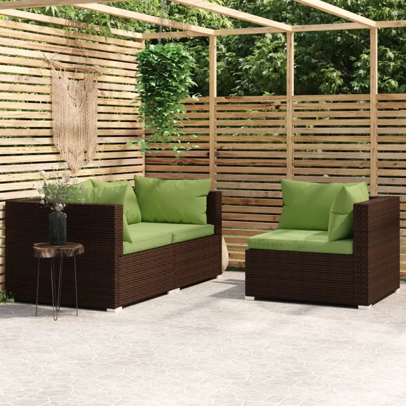 Dcenta 3 Piece Patio Set with Green Cushions 3 Corner Sofas Brown Poly Rattan Sectional Sofa Set Steel Frame for Garden. Balcony. Lawn. Yard. Deck