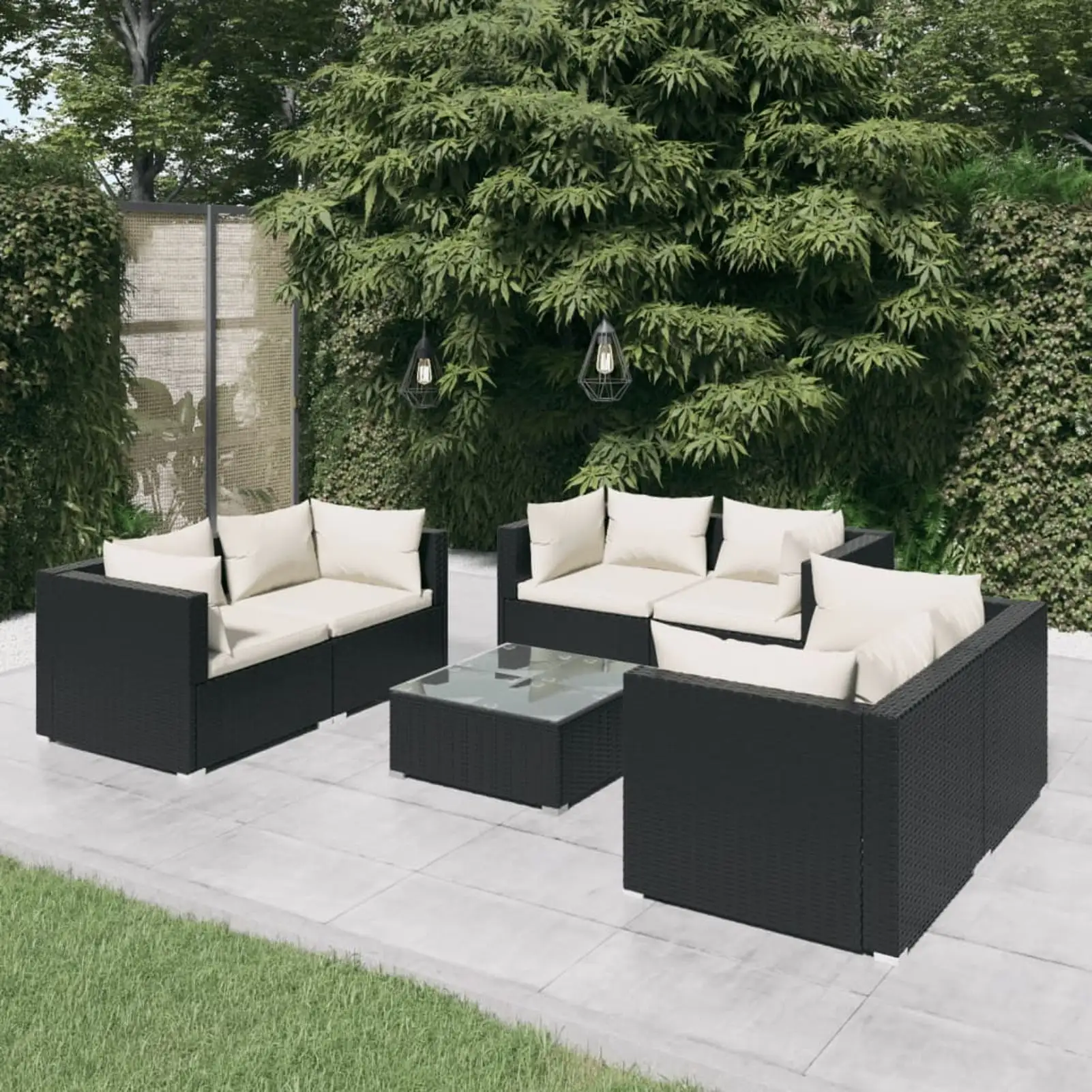 Dcenta Set of 7 Patio Set with Cream Cushions Poly Rattan Black Sectional Furniture Set Powder-Coated Steel Frame for Garden. Terrace. Poolside.