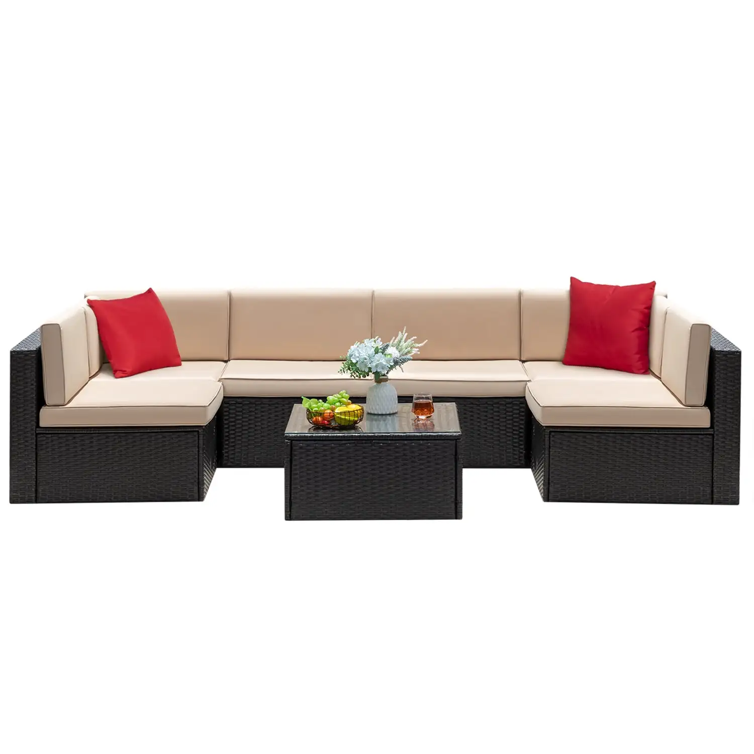 Devoko 7 Pieces Outdoor Sectional Sofa Patio Furniture Sets Manual Weaving Wicker with Cushion and Glass Table. Beige