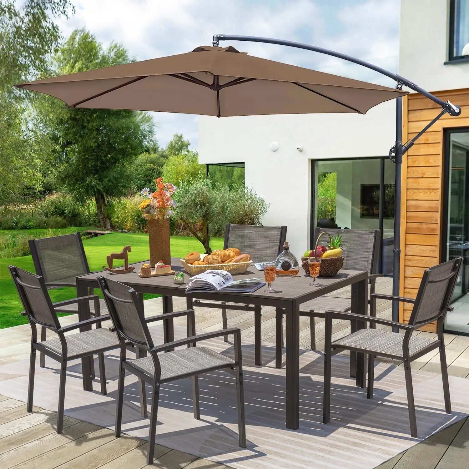 Devoko 7 Pieces Patio Conversation Set. Patio Dining Set Outdoor Furniture Set 6 Stackable Textilene Armchairs with Rectangular Table. Light Gray