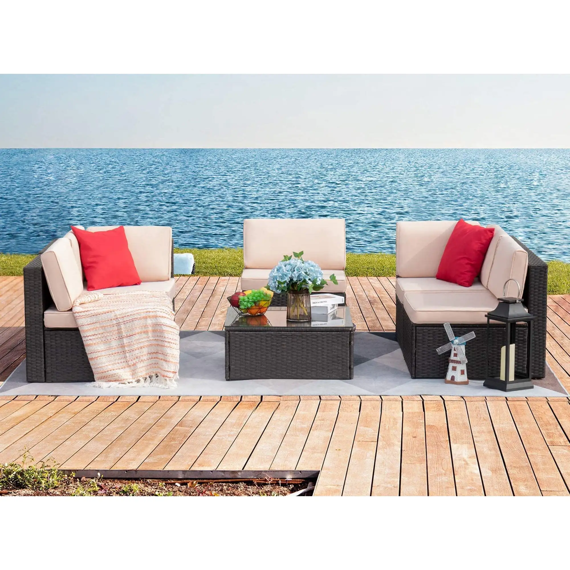 Devoko Outdoor 6 Pieces Patio Sectional Sets Rattan Sofa. Beige. Seating-5