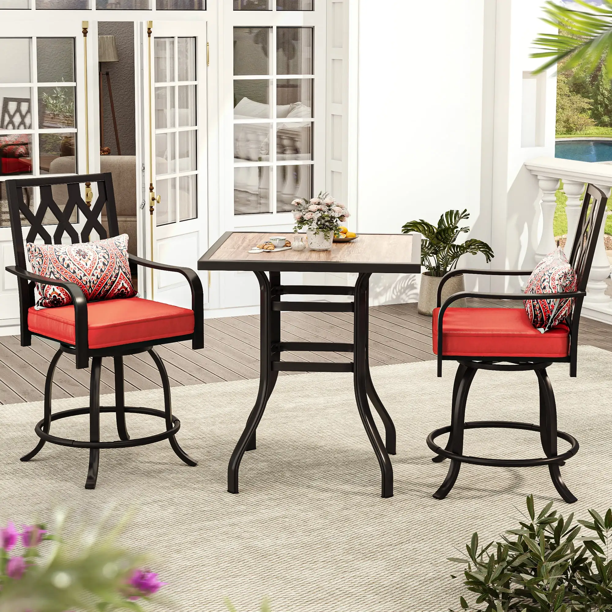 Dextrus 3-Piece Outdoor Bar Set. Weather Resistant Bar Height Patio Furniture Ensemble. 32'' Patio Height Bar Table and Bar Stools Set of 2 - Red