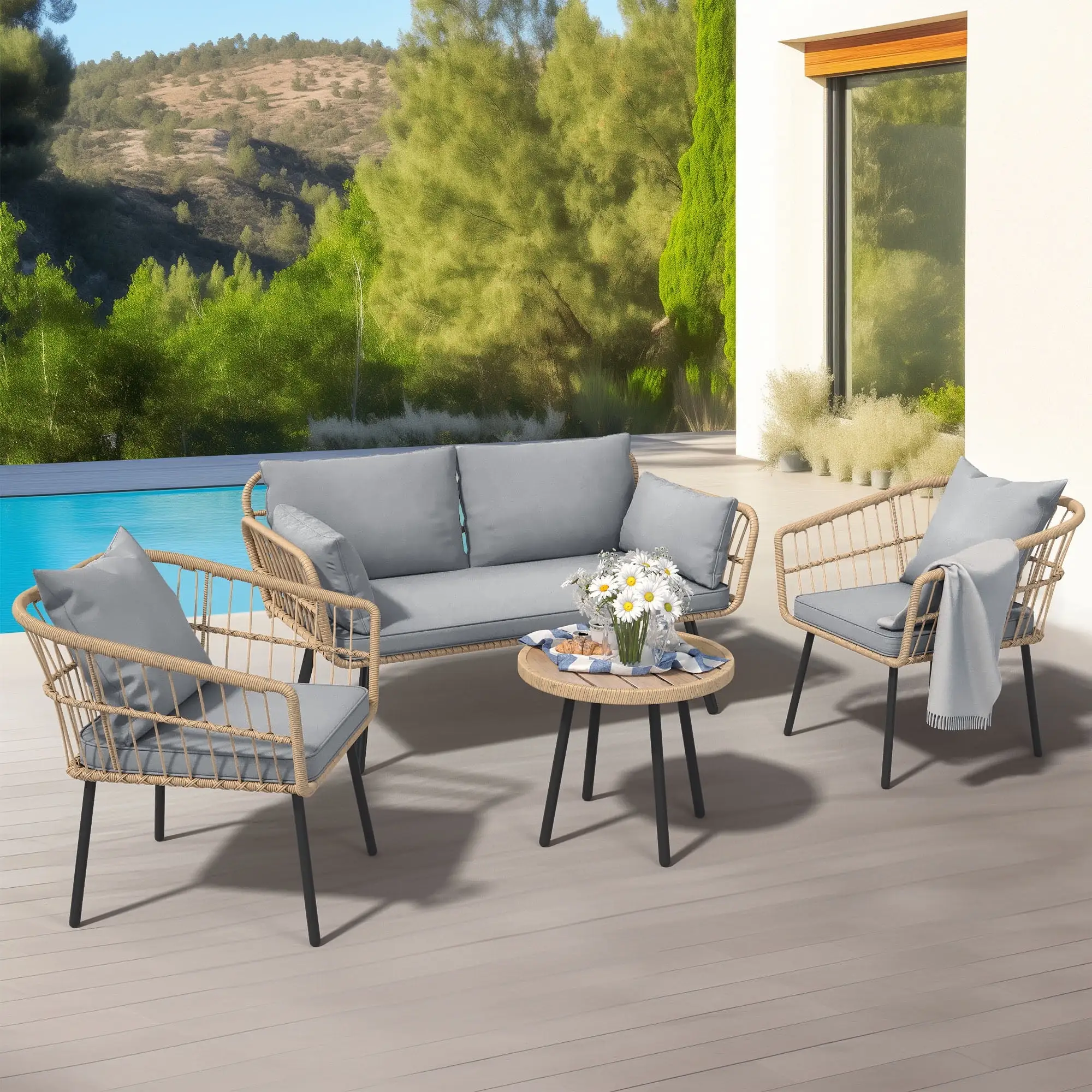 Dextrus 4-Piece Patio Furniture Wicker Outdoor Bistro Set. All-Weather Rattan Conversation Loveseat Chairs for Backyard. Balcony and Deck with Soft Cushions and Coffee Table - Gray