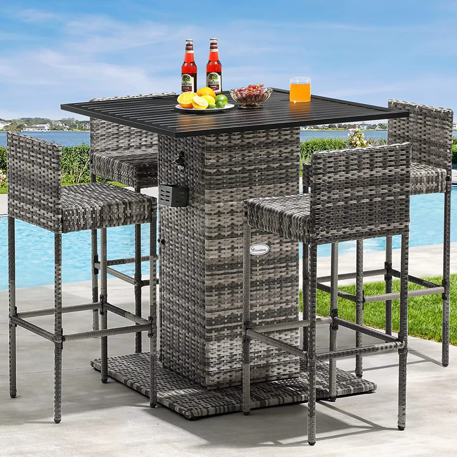 Dextrus 5-Piece Outdoor Wicker Bar Set with Built-in Bottle Opener. Metal Tabletop. Hidden Storage Shelf. 4 Stools with Backrest for Patios. Backyards. Gardens. Porches. Poolside (Gray Gradient)