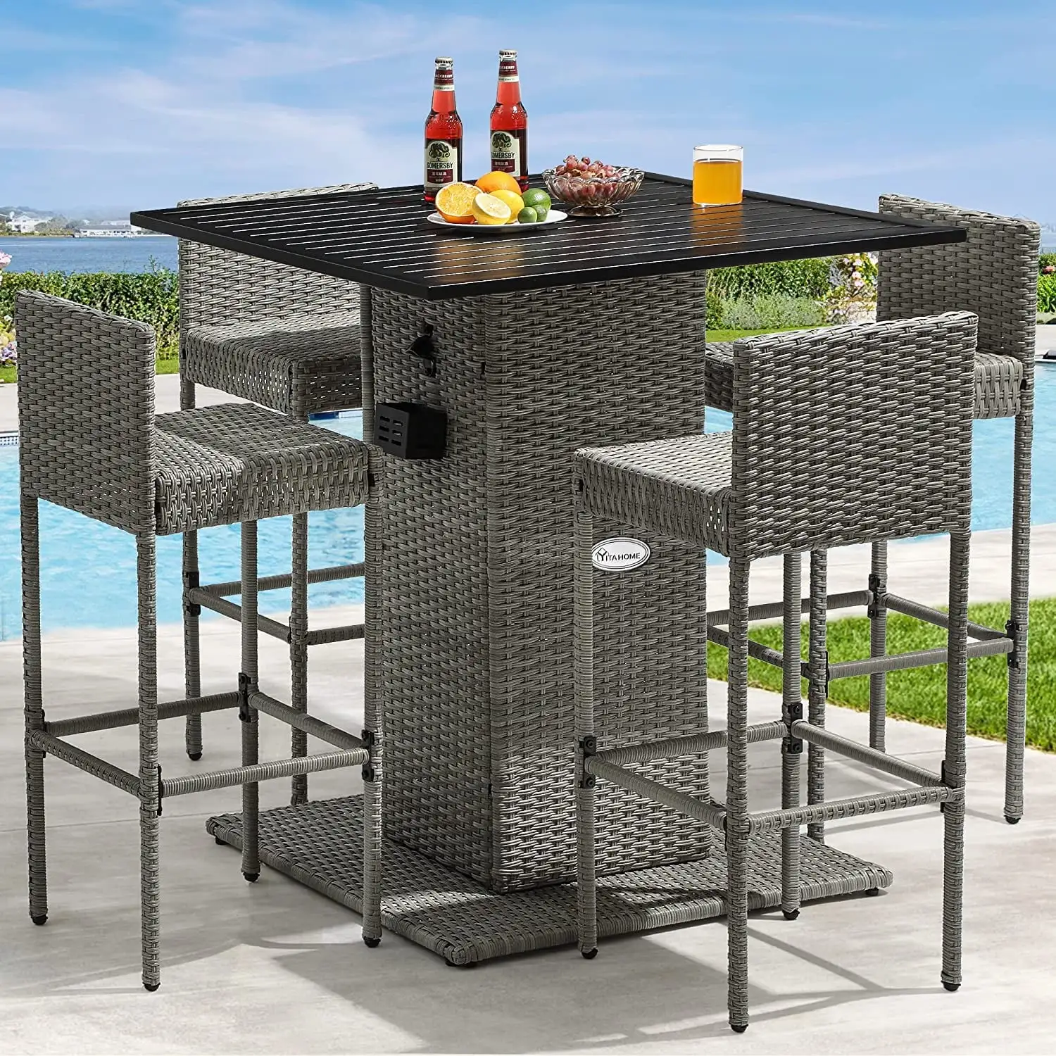 Dextrus 5-Piece Outdoor Wicker Bar Set with Built-in Bottle Opener. Metal Tabletop. Hidden Storage Shelf. 4 Stools with Backrest for Patios. Backyards. Gardens. Porches. Poolside (Gray Gradient)