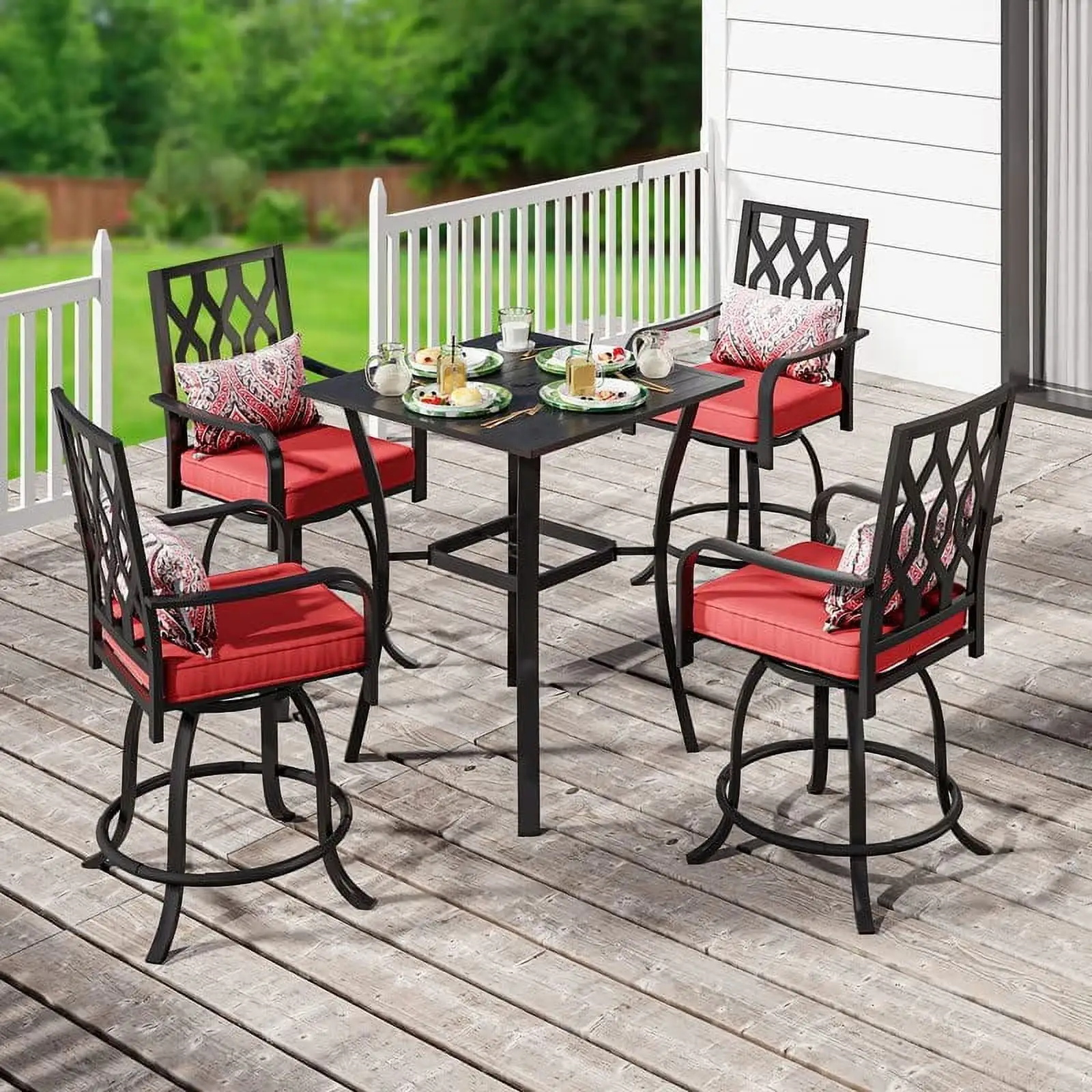 Dextrus 5-Piece Patio Swivel Bar Set. 32 Square Patio Bar Table (Umbrella Hole) and 4 Cushioned Swivel Bar Stools. Metal Patio Bar Set Ideal for Patio Lawn Garden Porch. Black