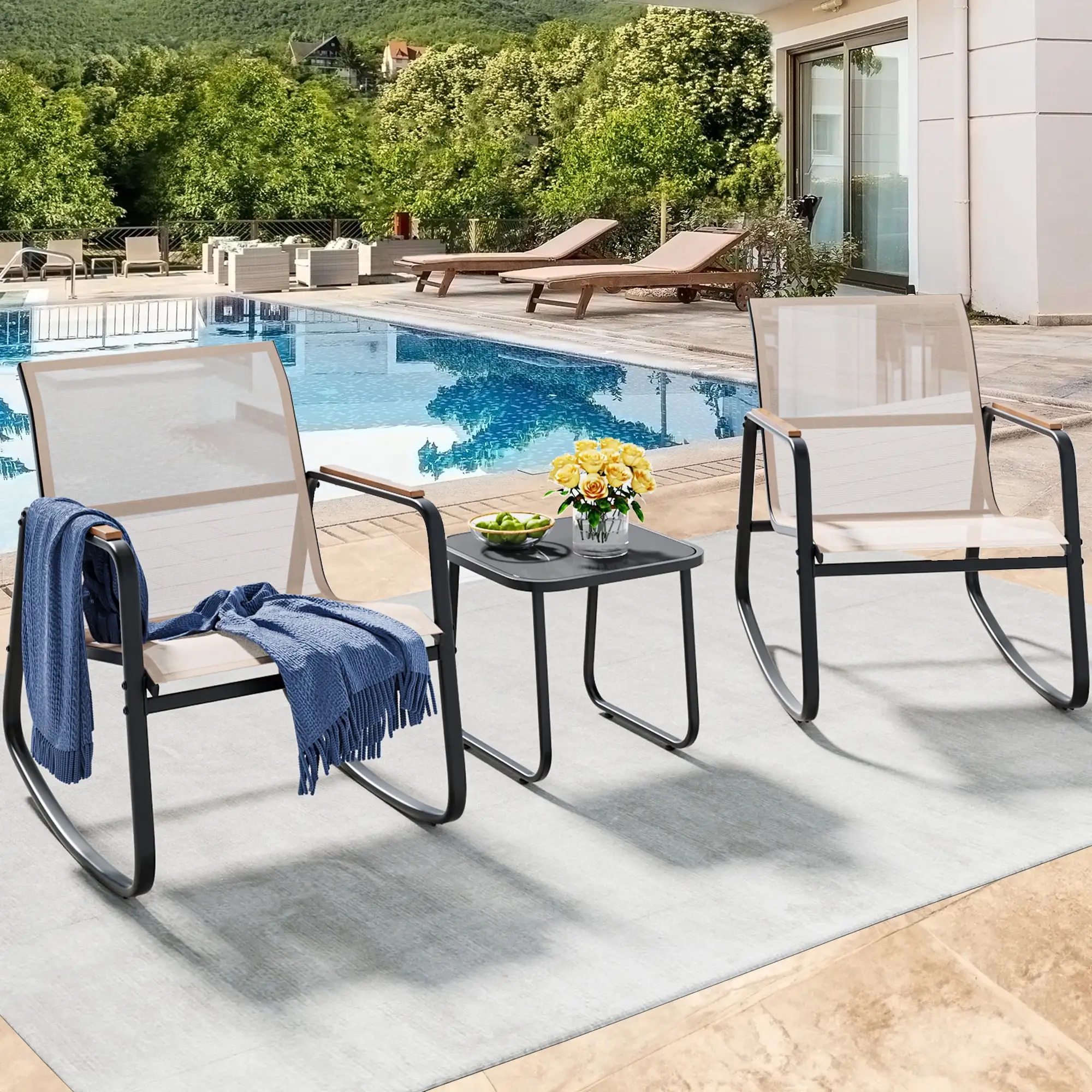 Dextrus Outdoor Rocking Bistro Set. 3-Piece Patio Furniture Set Featuring Wooden Armrests. Glass Table Included. Ideal for Lawn. Garden. Balcony. Poolside Use. Beige Color