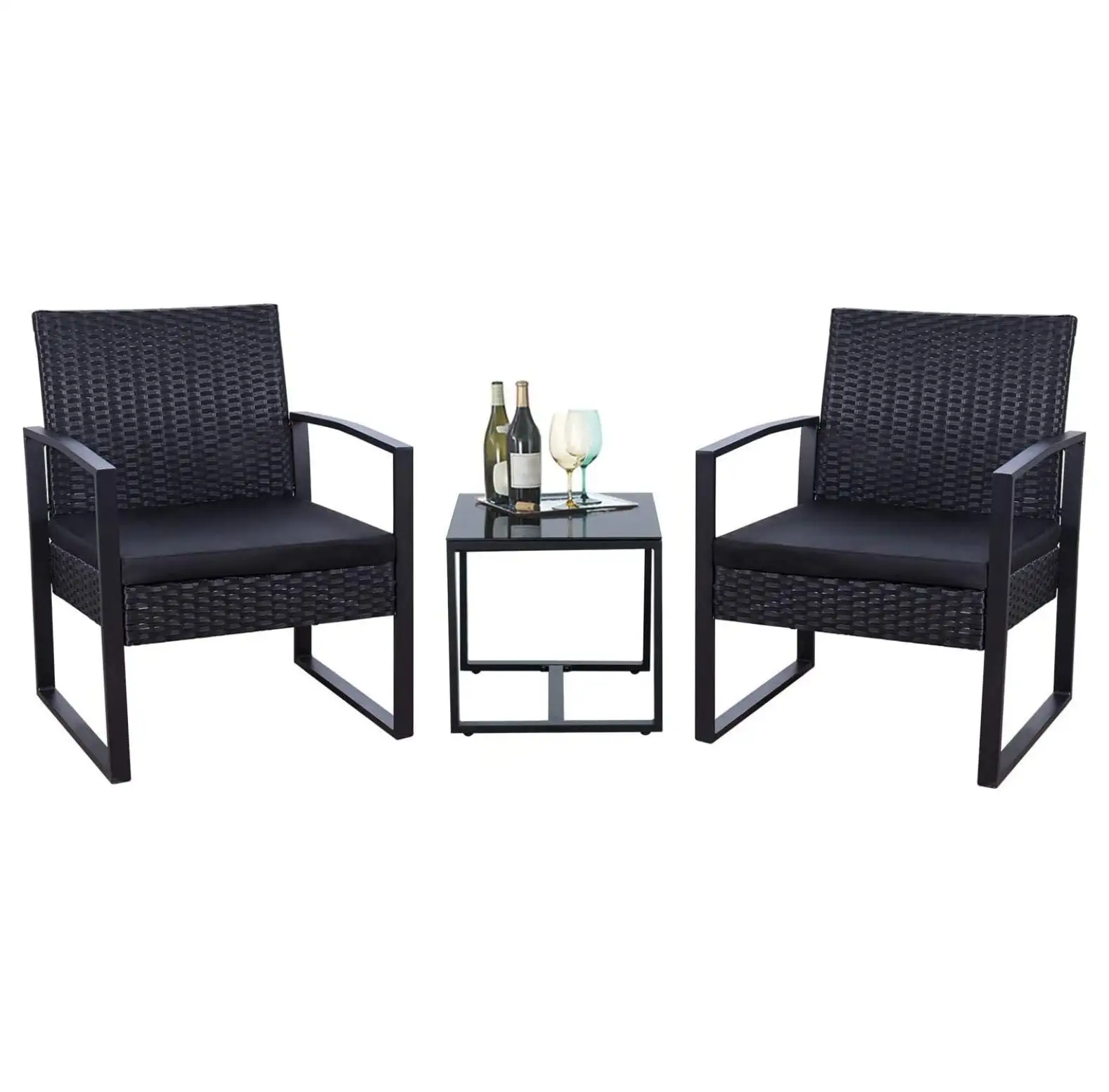 Drevy 3 Pieces Patio Set Outdoor Wicker Patio Furniture Sets Modern Bistro Set Rattan Chair Conversation Sets with Coffee Table for Yard and Bistro (Black)