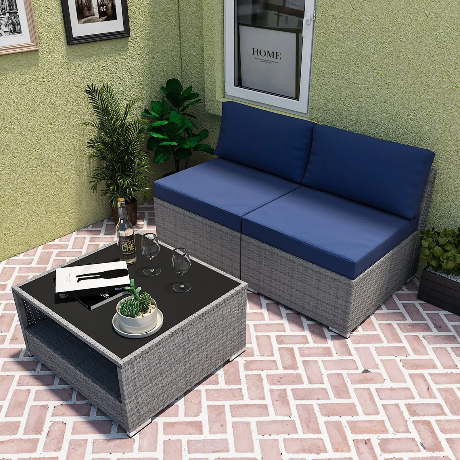 EAGLE PEAK 3 Piece Outdoor Armless Wicker Sofa Set with Removable Cushions and Coffee Table. Dark Blue