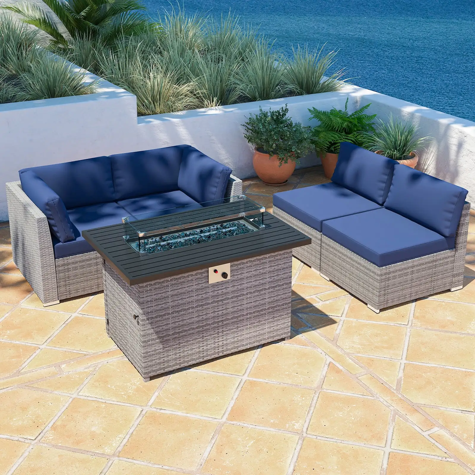 EAGLE PEAK 5 Piece Outdoor Wicker Patio Furniture Set with Fire Table. PE Rattan Sectional Conversation Sofa Set with Seating for 4 People. Dark Blue