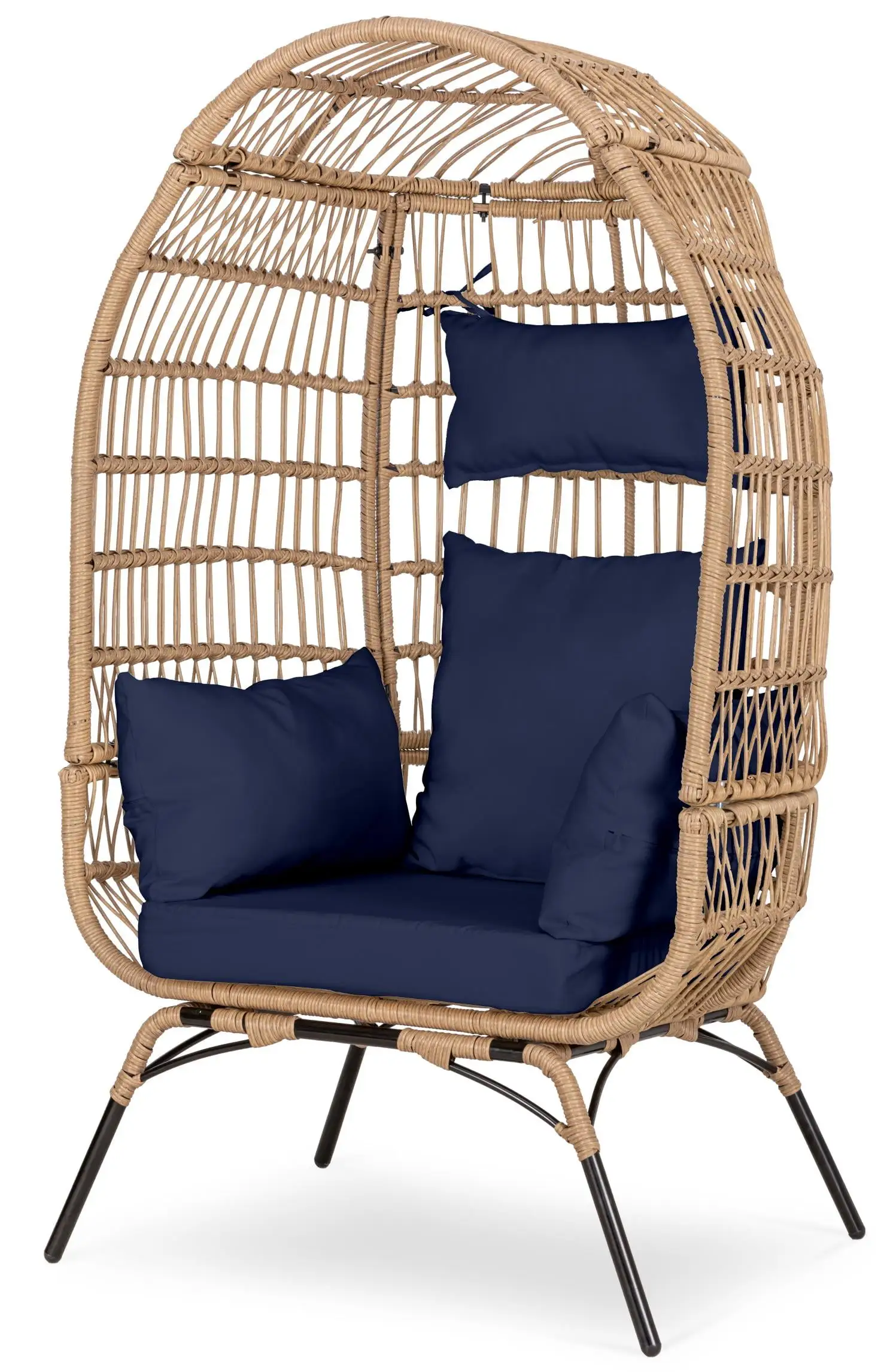 Eclife Navy Blue Rattan Wicker Egg Patio Chair Oversize Metal Lounge Chair with Navy Blue Cushion and Pillow for Indoor Outdoor. 330 lbs