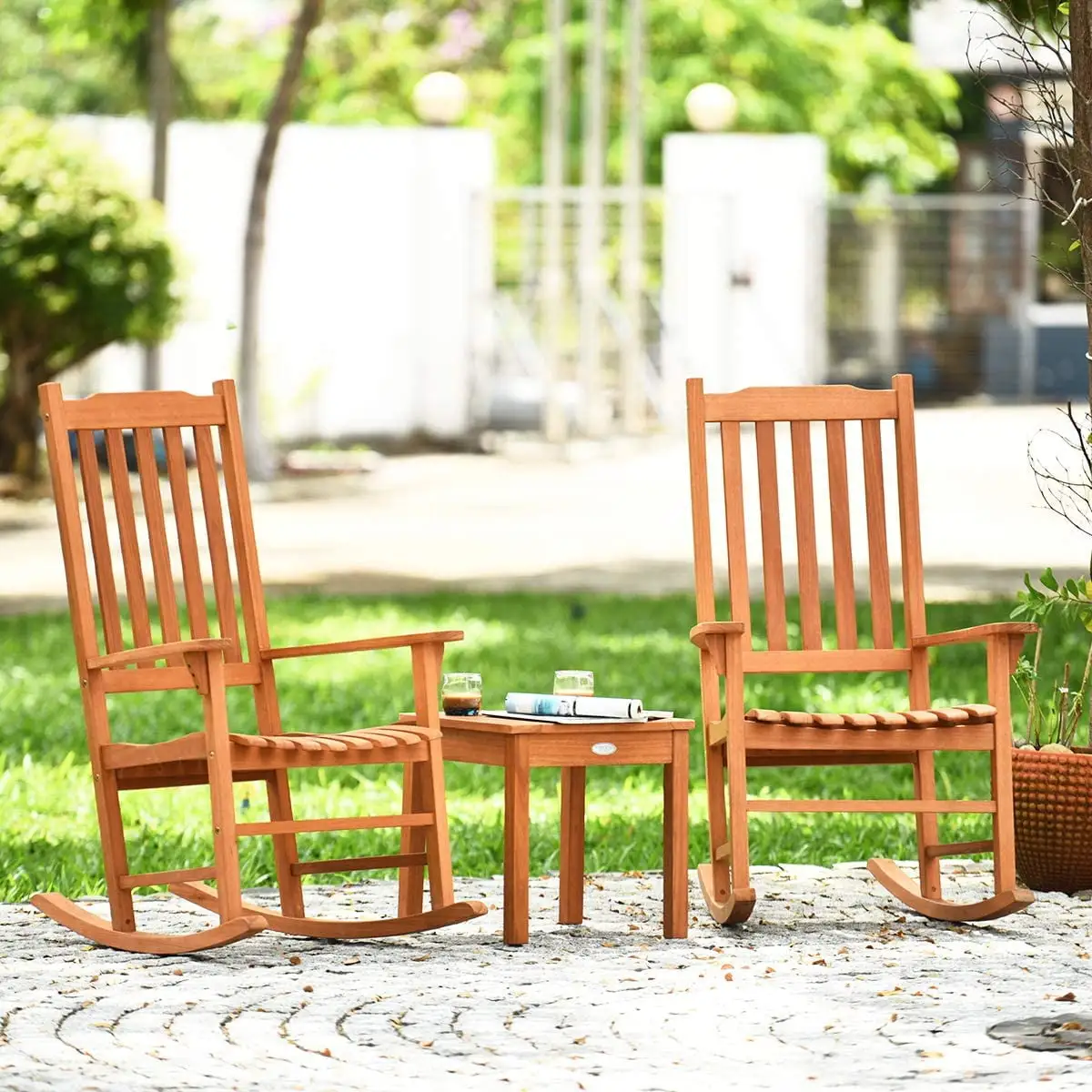 Elegant Abode 3 Piece Elegant Abode Rocking Chair Set. Outdoor Wood Conversation Set w/ 2 Rockers & 1 Coffee Table. Eucalyptus Wooden Rocking Bistro Set for Backyard Porch Poolside Lawn