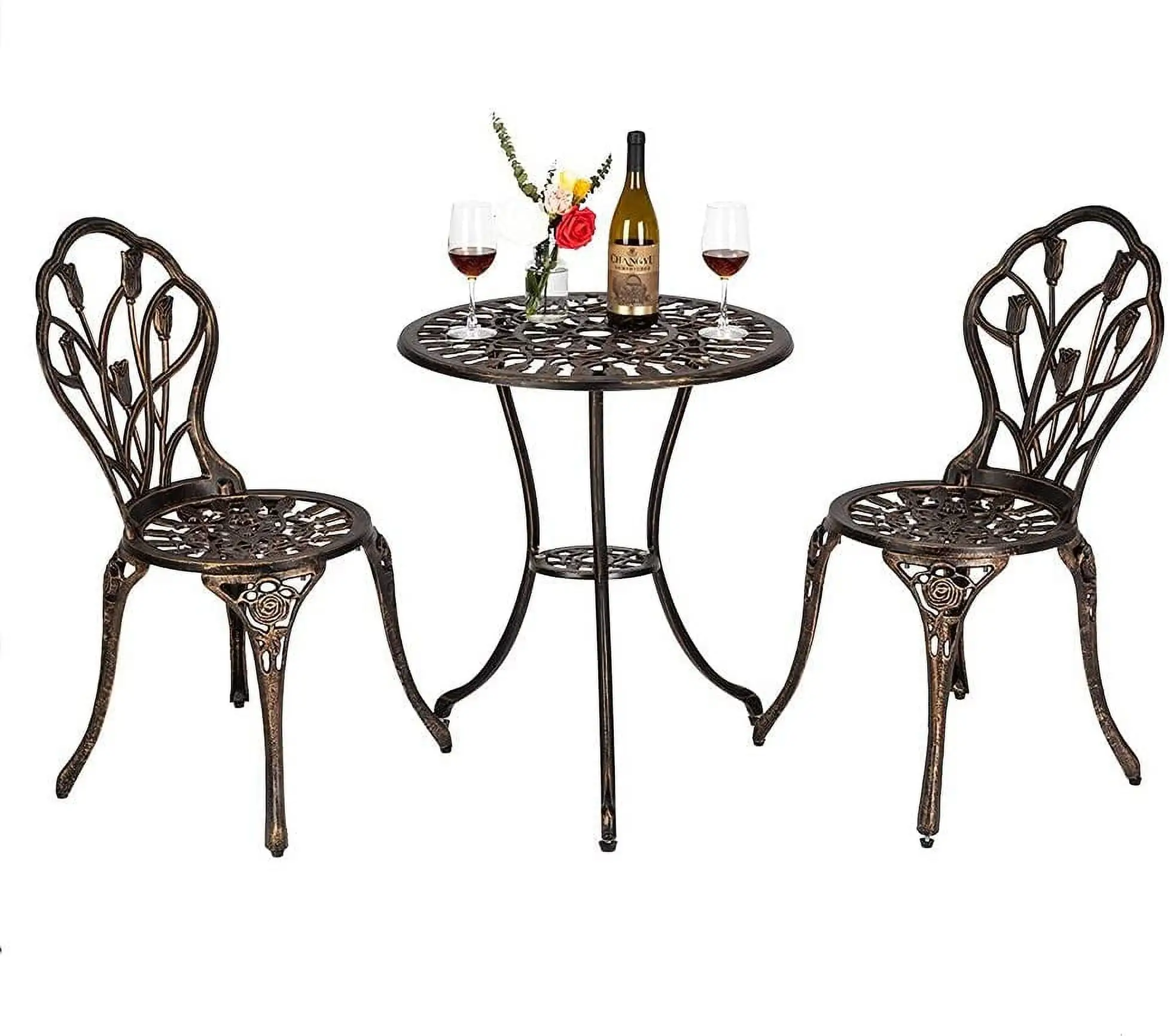 Elegant Abode Elegant Abode Bistro Sets 3 Piece Cast Aluminum Bistro Table and Chairs. Rust Resistant Outdoor Bistro Set Elegant Abode Table and Chairs Tulip Design