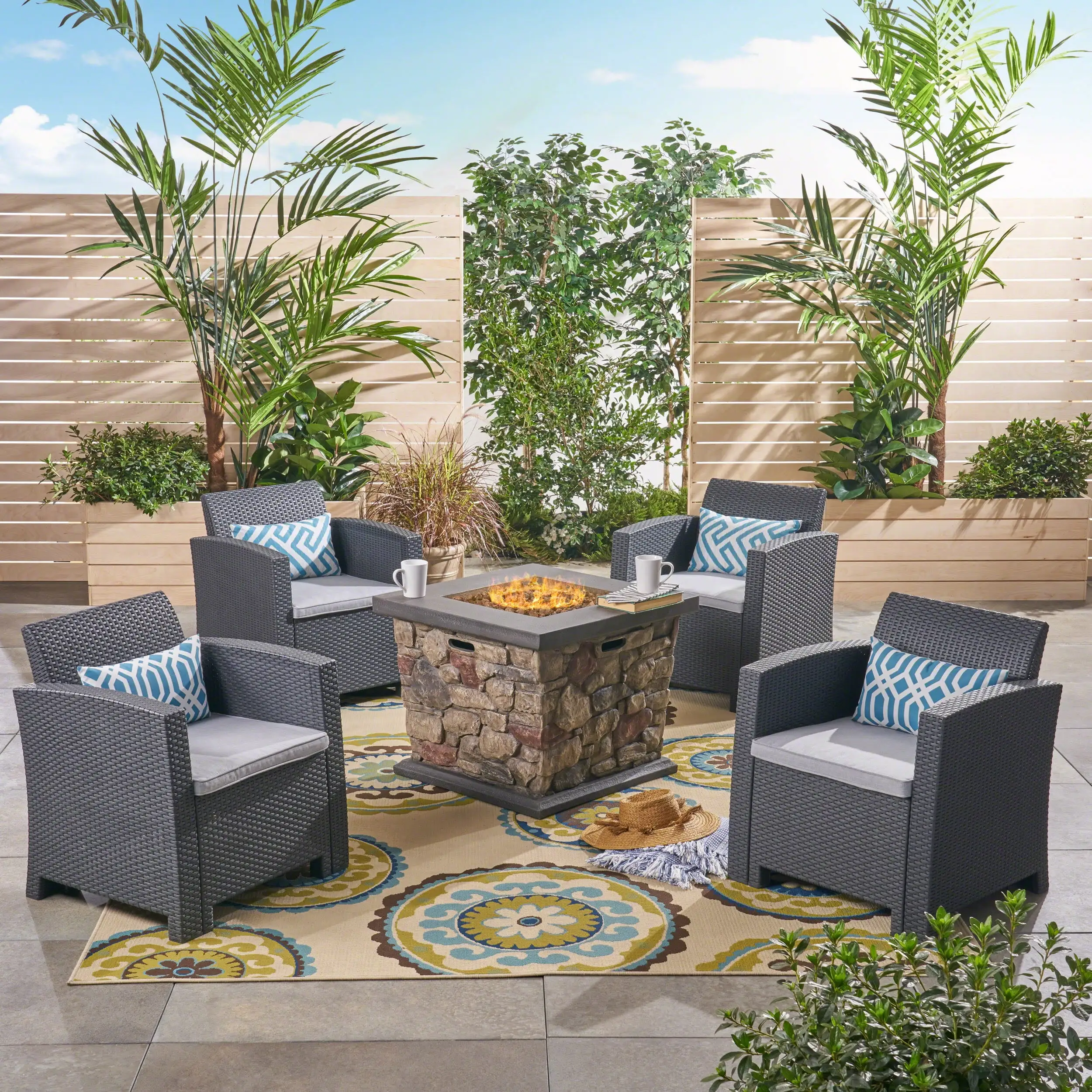 Emery Outdoor 5 Piece Wicker Print Club Chair Chat Set with Fire Pit. Charcoal. Light Gray. Stone