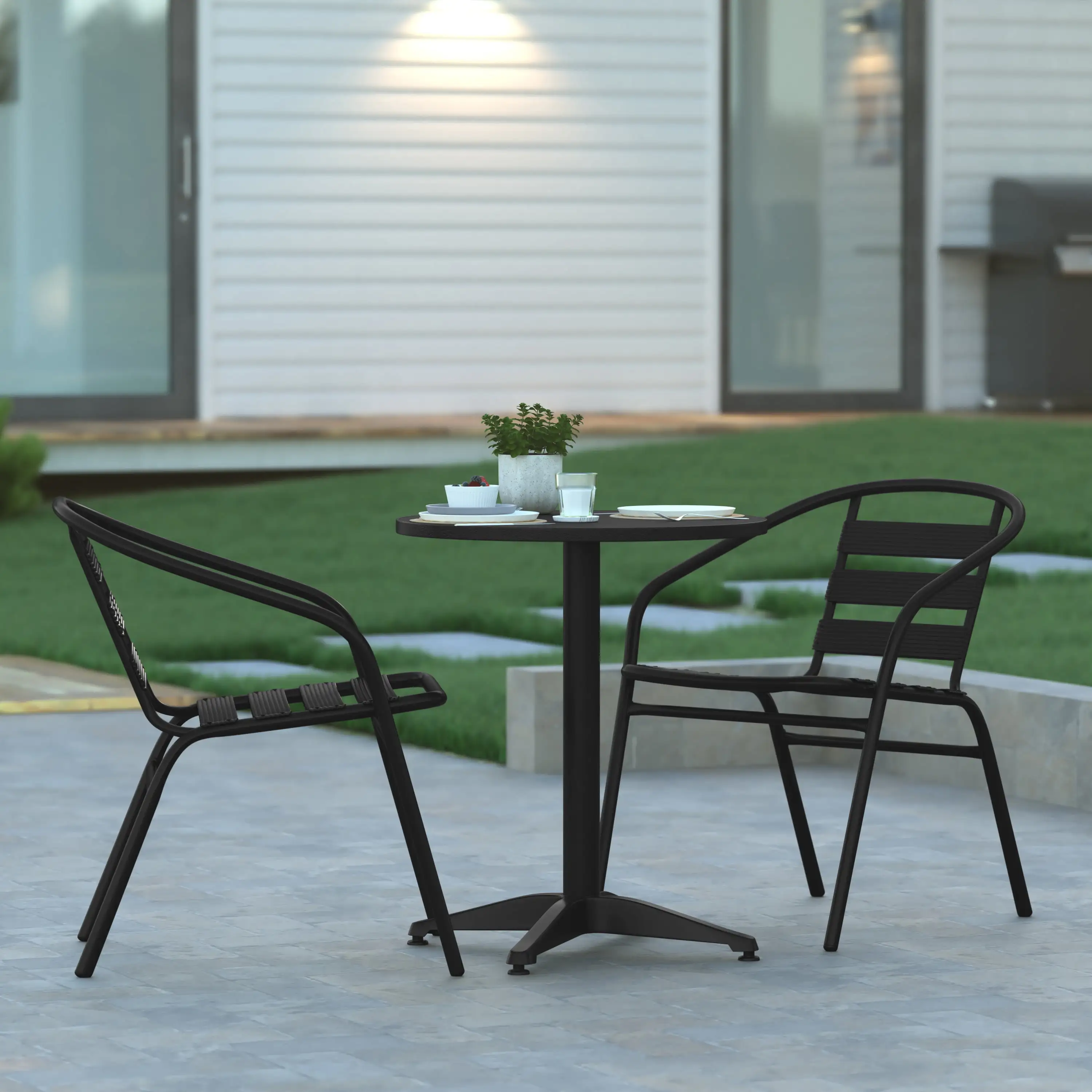 Emma + Oliver 23.5'' Black Round Aluminum Indoor-Outdoor Table Set with 2 Black Slat Back Chairs