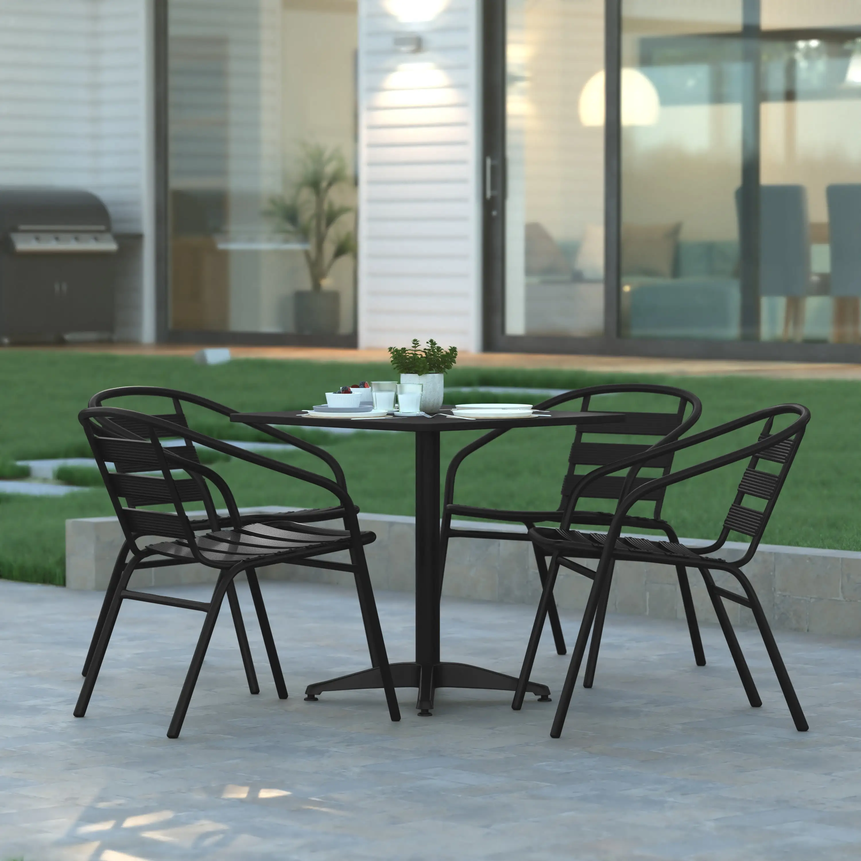 Emma + Oliver 27.5'' Black Square Aluminum Indoor-Outdoor Table Set with 4 Black Slat Back Chairs