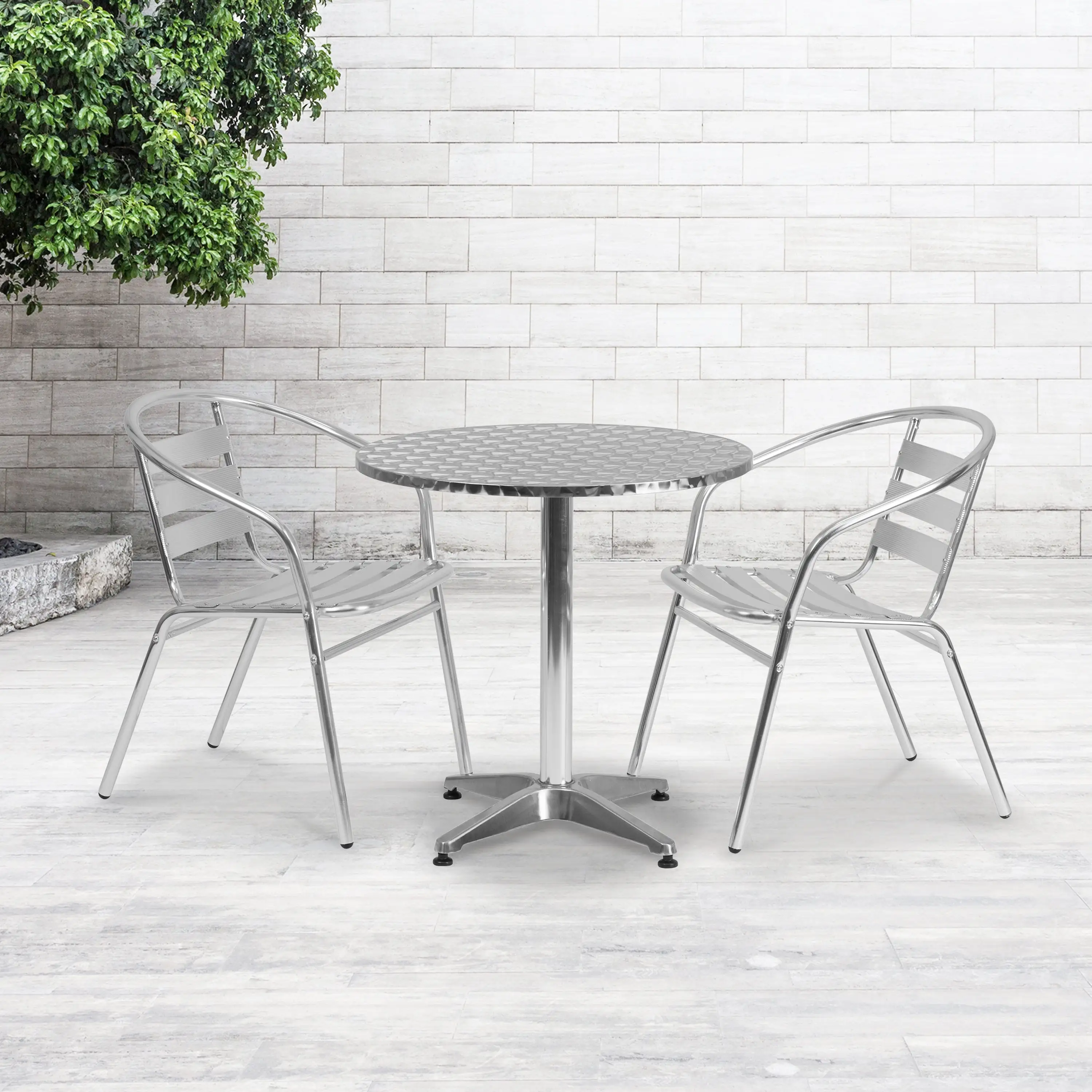 Emma + Oliver 27.5 Round Aluminum Table Set with 2 Slat Back Chairs