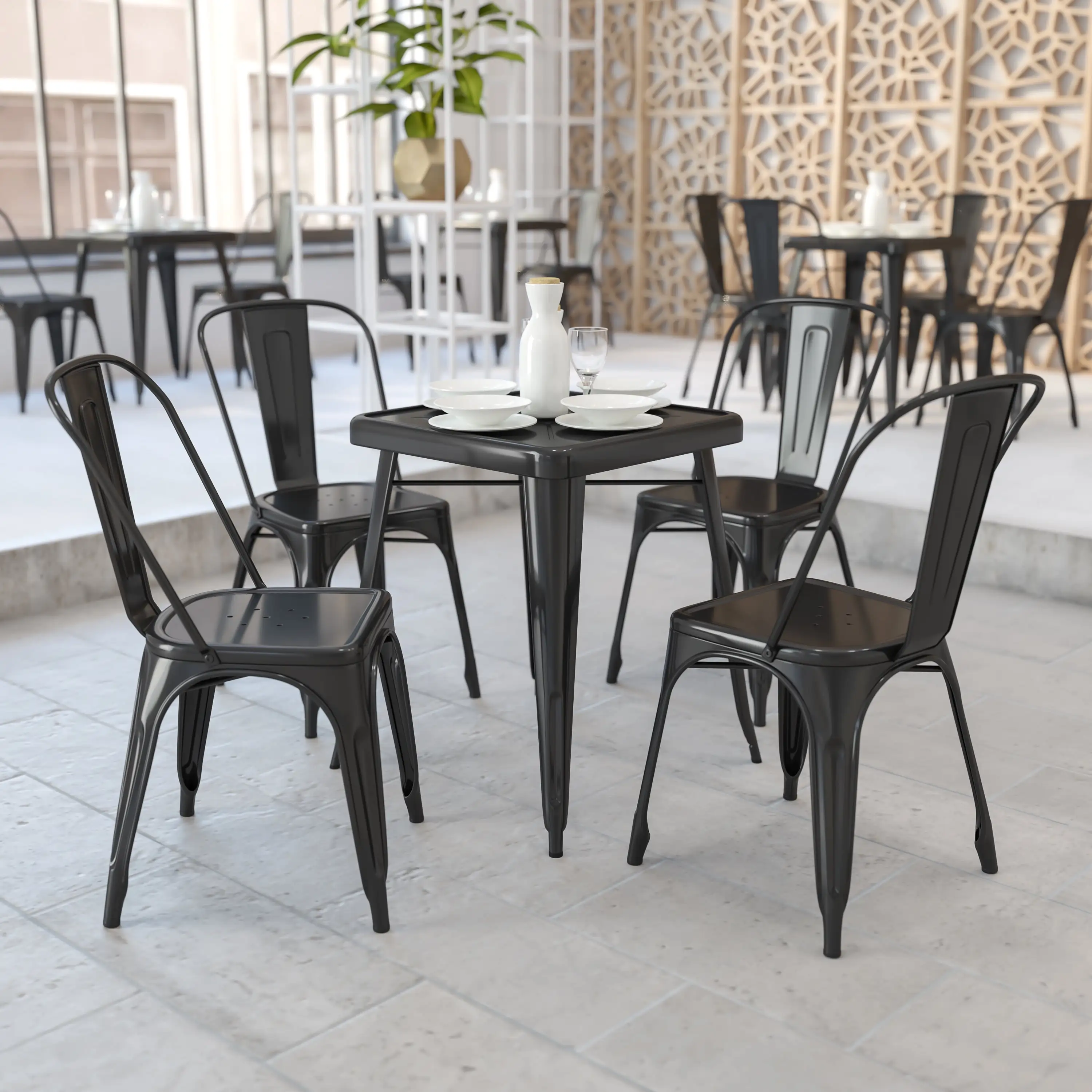 Emma + Oliver Commercial 23.75 Square Black Metal Indoor-Outdoor Table Set-2 Stack Chairs