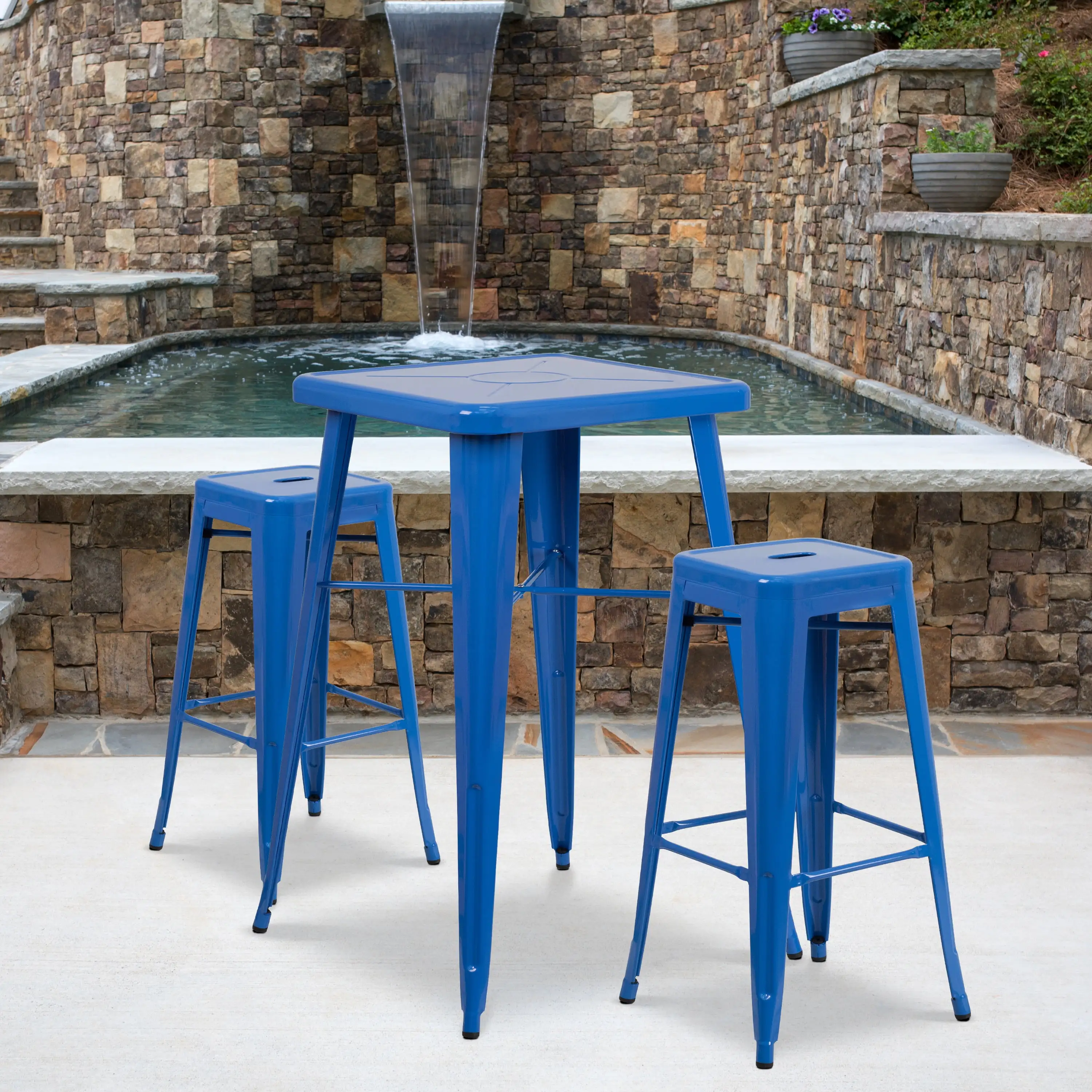 Emma + Oliver Commercial 23.75SQ Blue Metal Indoor-Outdoor Bar Table Set-2 Backless Stools