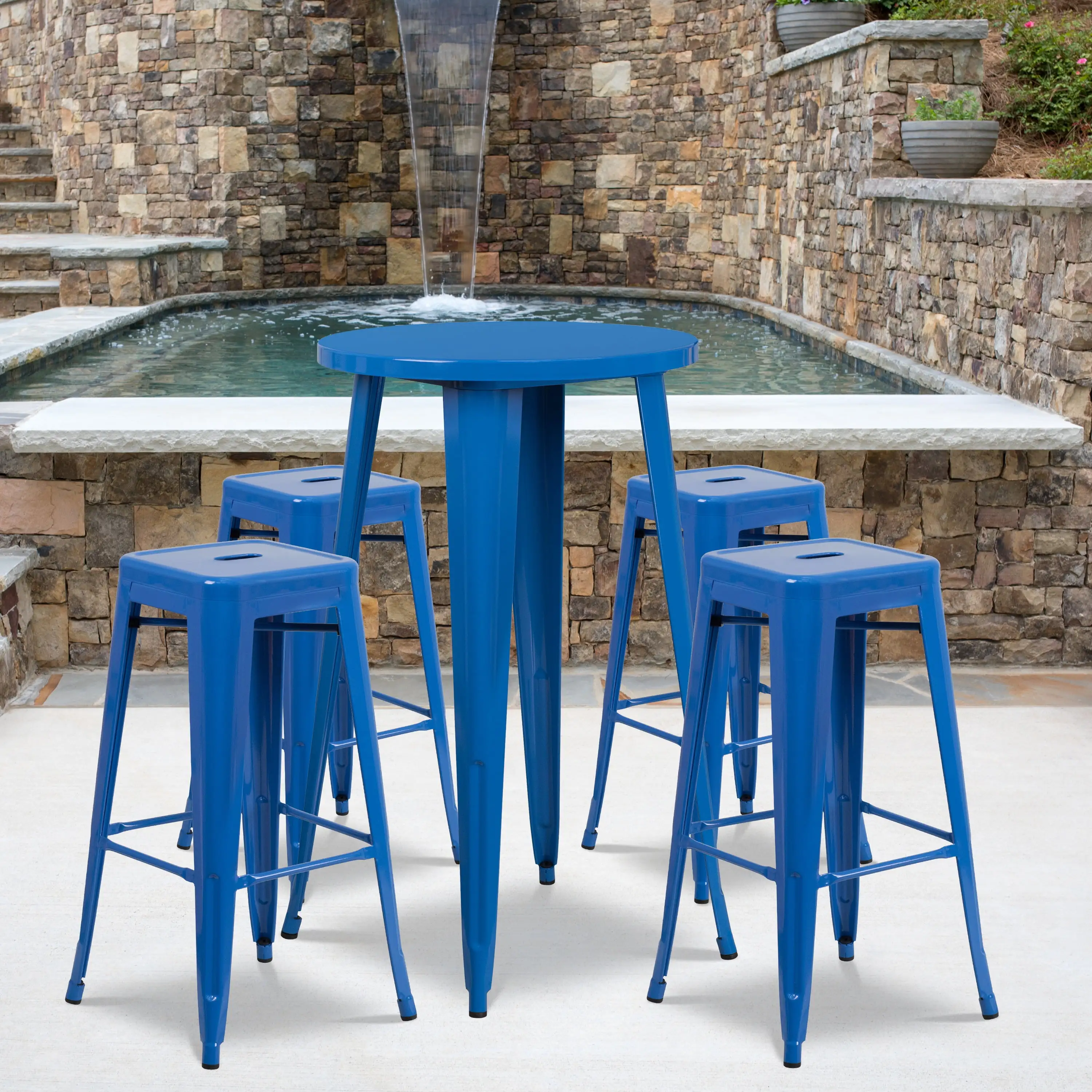 Emma + Oliver Commercial 24 Round Blue Metal Bar Table Set-4 Square Seat Backless Stools