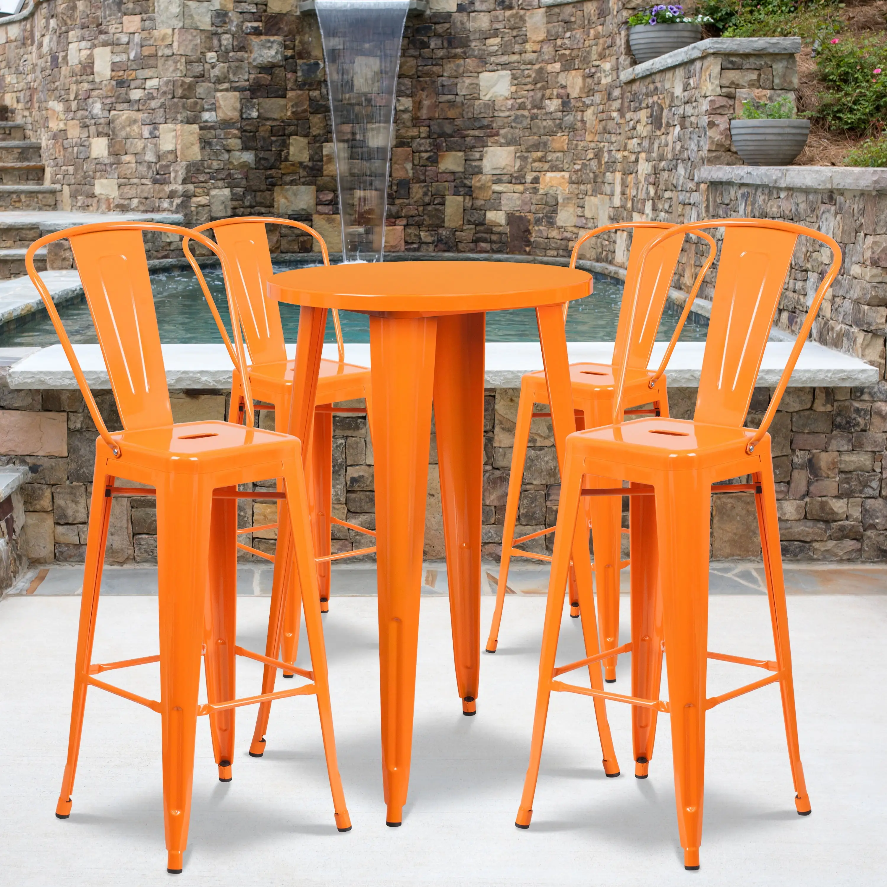 Emma + Oliver Commercial 24 Round Orange Metal Indoor-Outdoor Bar Table Set-4 Cafe Stools