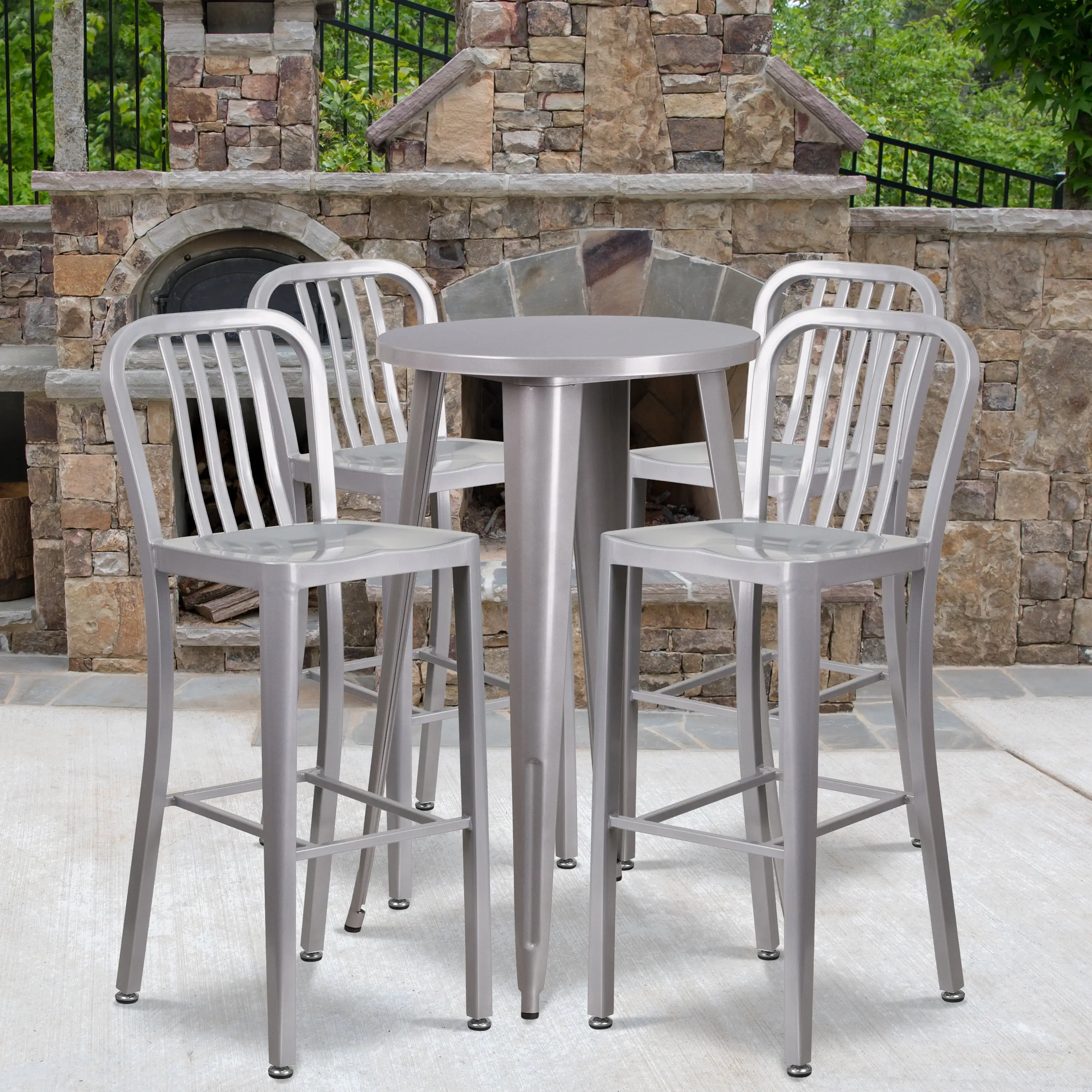 Emma + Oliver Commercial 24 Round Silver Metal Bar Table Set-4 Vertical Slat Back Stools