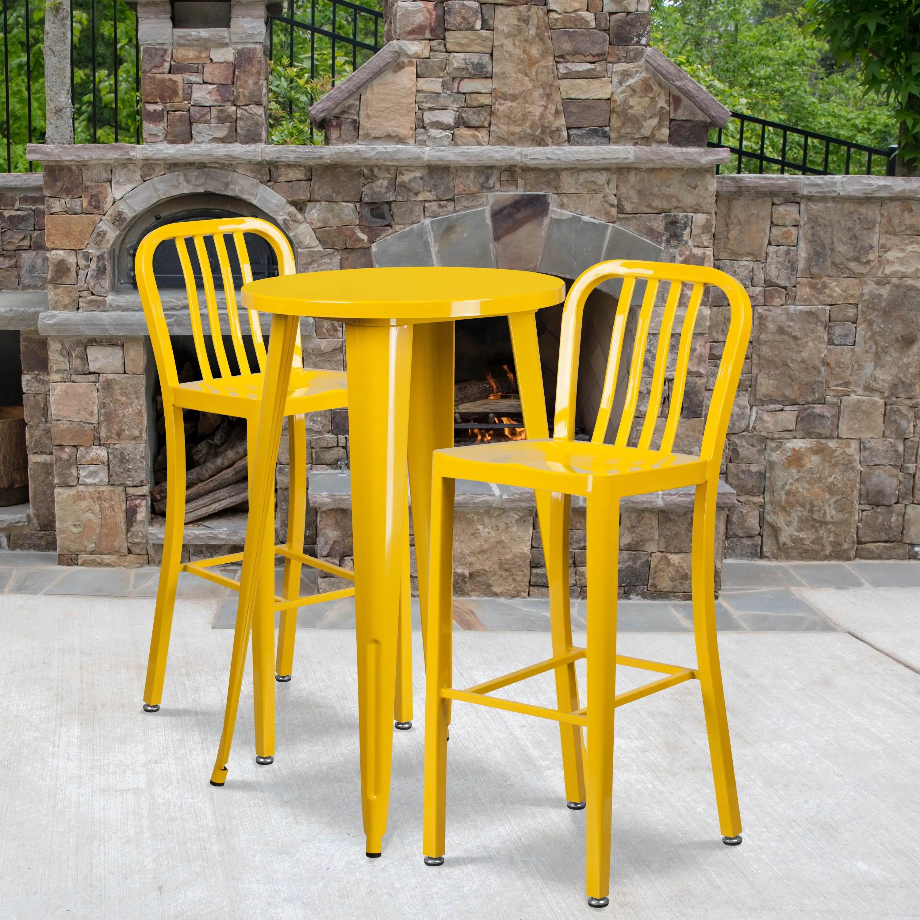 Emma + Oliver Commercial 24 Round Yellow Metal Bar Table Set-2 Vertical Slat Back Stools