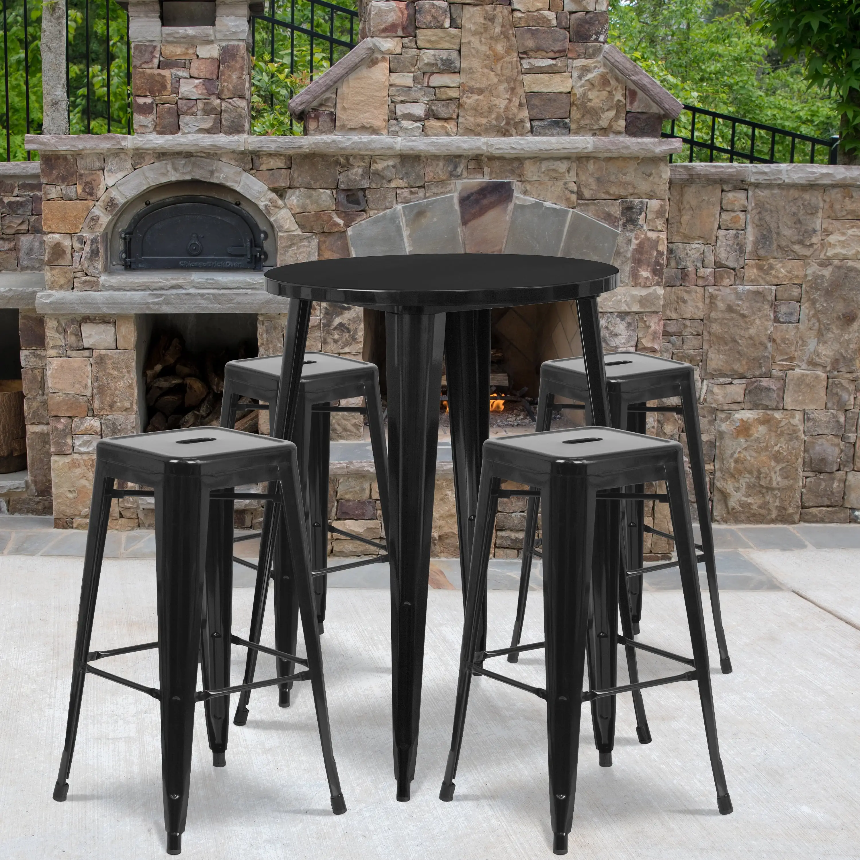 Emma + Oliver Commercial 30 Round Black Metal Bar Table Set-4 Square Seat Backless Stools