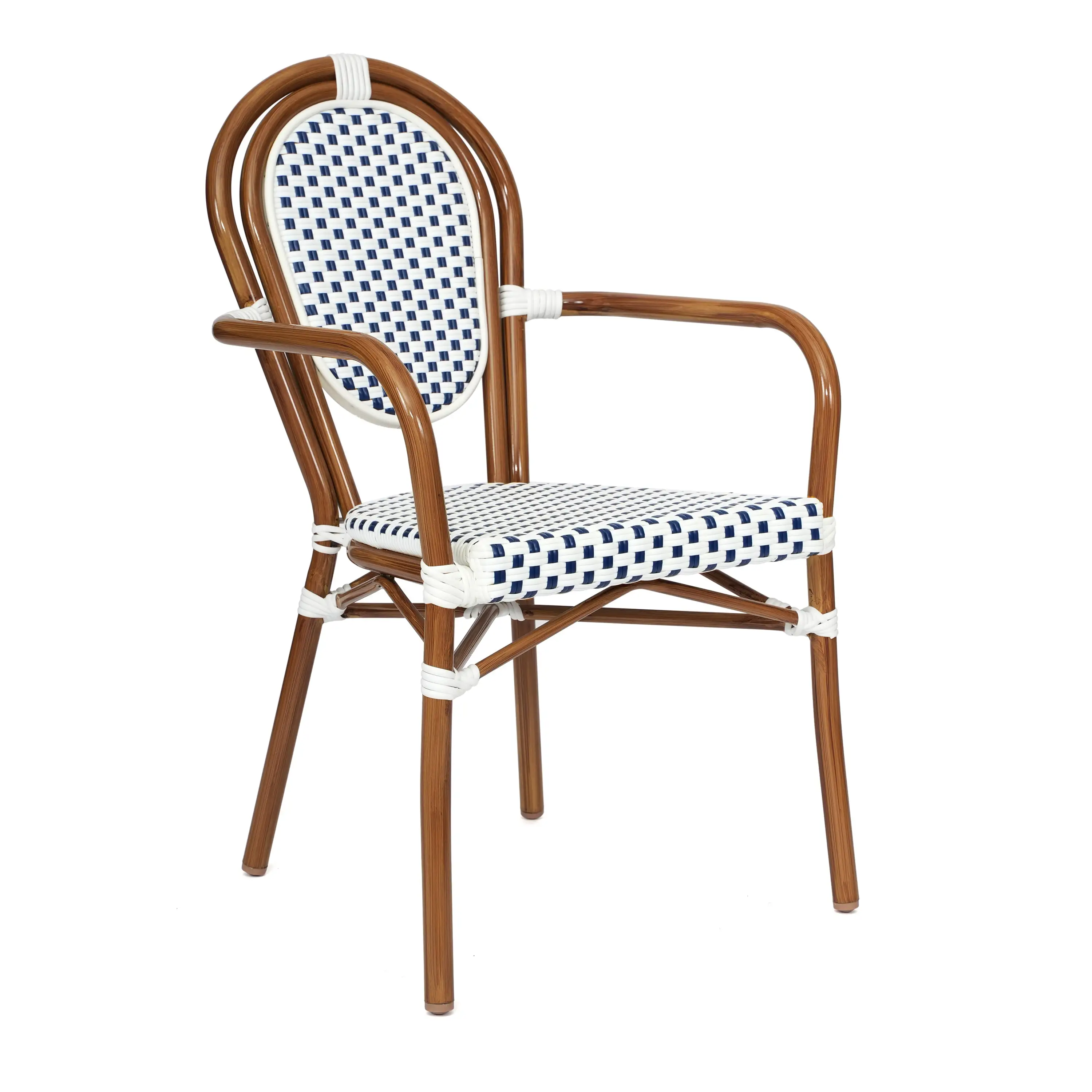 Emma + Oliver Indoor/Outdoor Stacking Thonet French Bistro Style Chair with Arms. White & Navy PE Rattan Seat and Natural Bamboo Finished Metal Frame