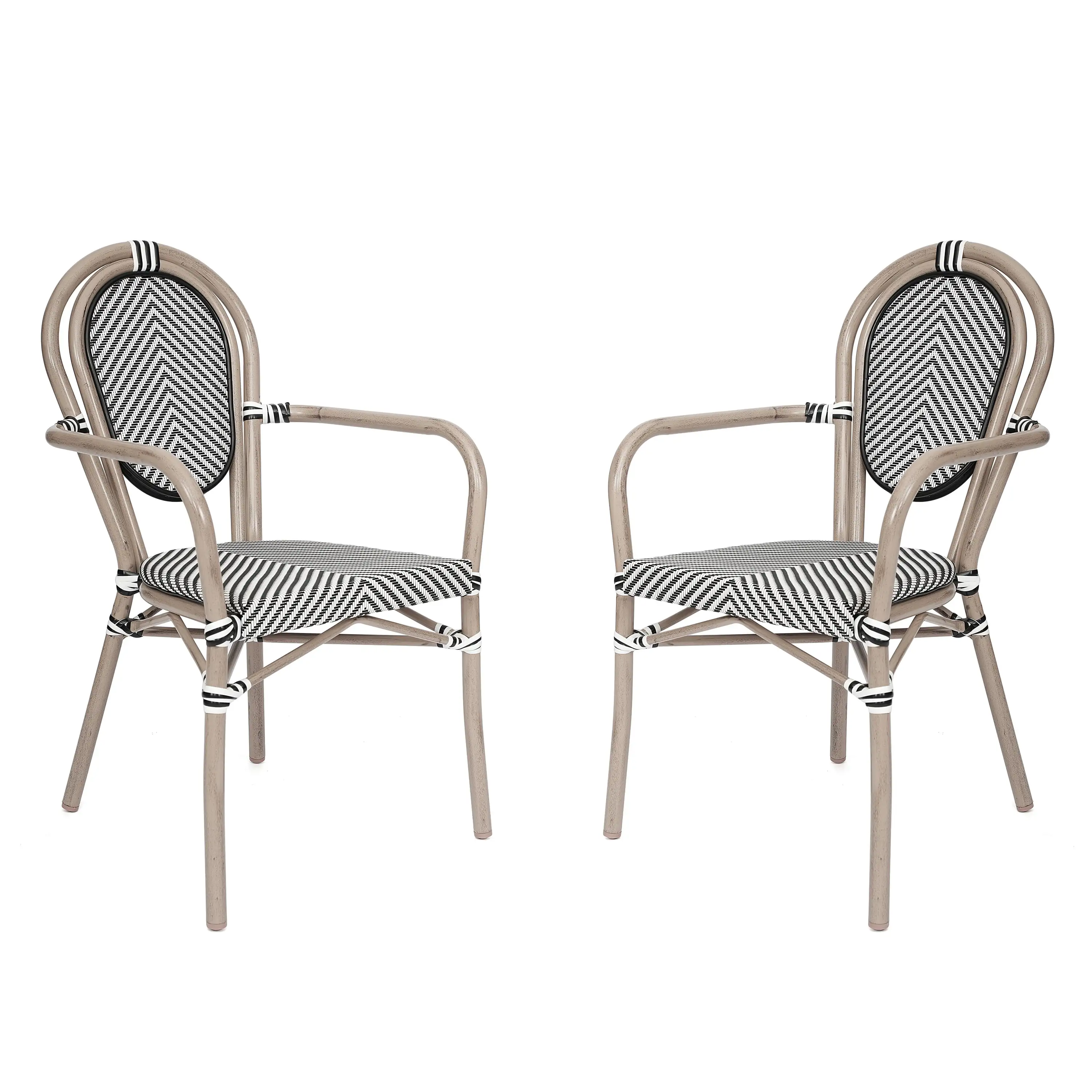 Emma + Oliver Set of Two Indoor/Outdoor Stacking Thonet French Bistro Style Chairs with Arms. Black & White Textilene Seat and LT NAT Bamboo Metal Frame