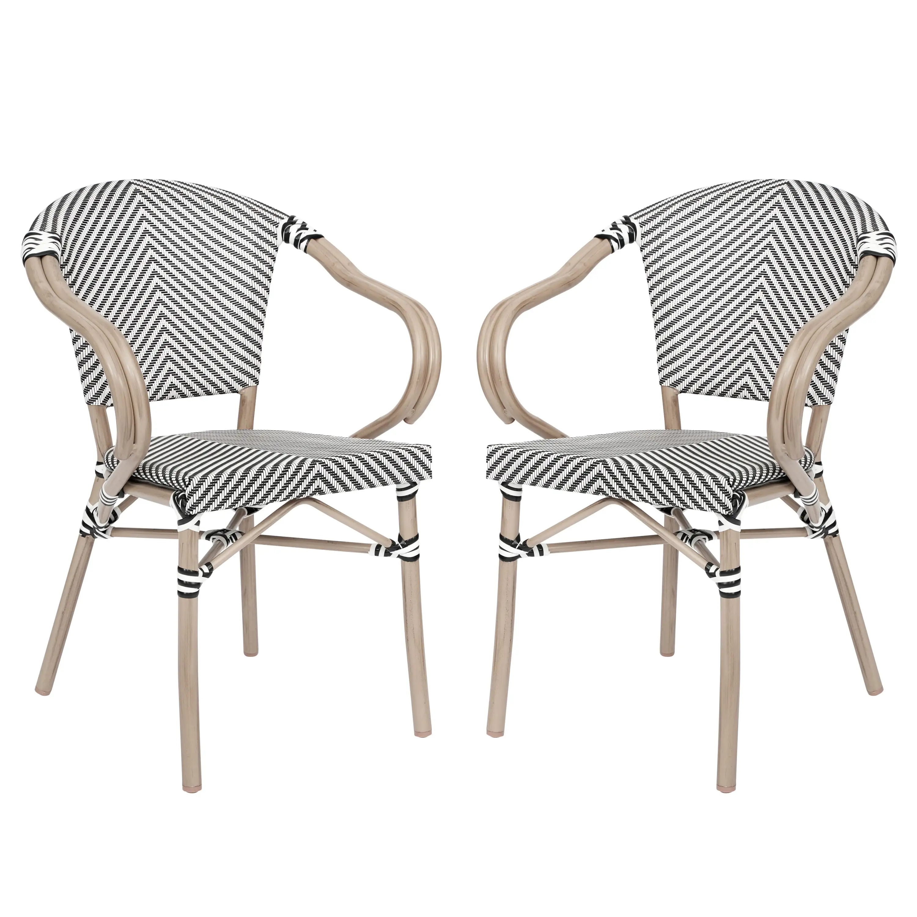 Emma + Oliver Set of Two Indoor/Outdoor Stacking Thonet French Bistro Style Chairs with Arms. Black & White Textilene Seat and LT NAT Bamboo Metal Frame